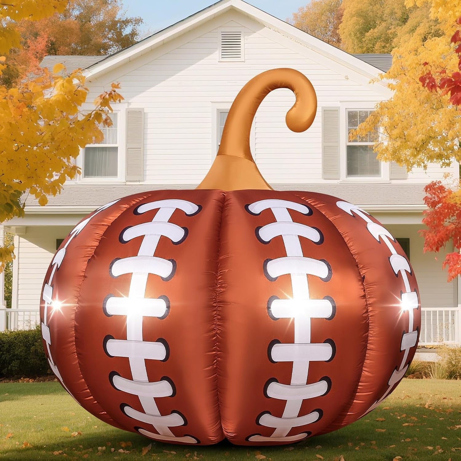 4.6FT Inflatable Pumpkin Outdoor Decorations Football Inflatables Pumpkins Built-In 4 LED Lights Fall Giant Blow up Pumpkin for Halloween Decor Football Sport Fans Party Garden Yard Lawn