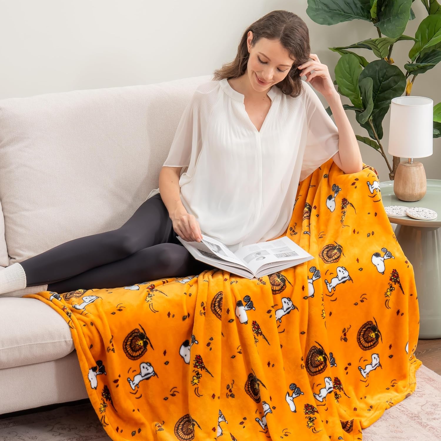 Peanuts® Velvetloft® Cute Character Snoopy Plush Throw Blanket,Snoopy and Woodstock Fall Birds & Leafs Orange,Throw 55 in X 70 in (Official Peanuts® Product)
