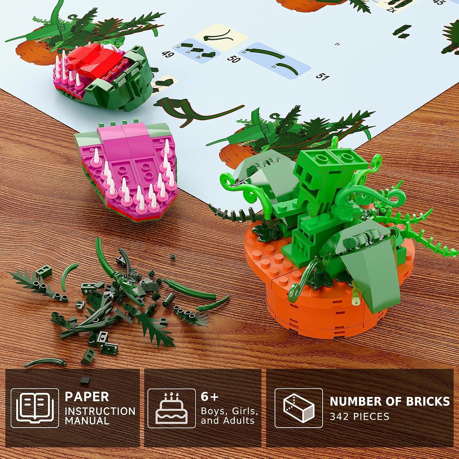 Audrey 2 Cannibal Flower Building Block Set, Little Shop of Horrors Piranha Plant with Openable Mouth Toy Collection, Gift Birthday, Halloween, Holiday, for TV Fans, Kids 6+, (342 PCS)