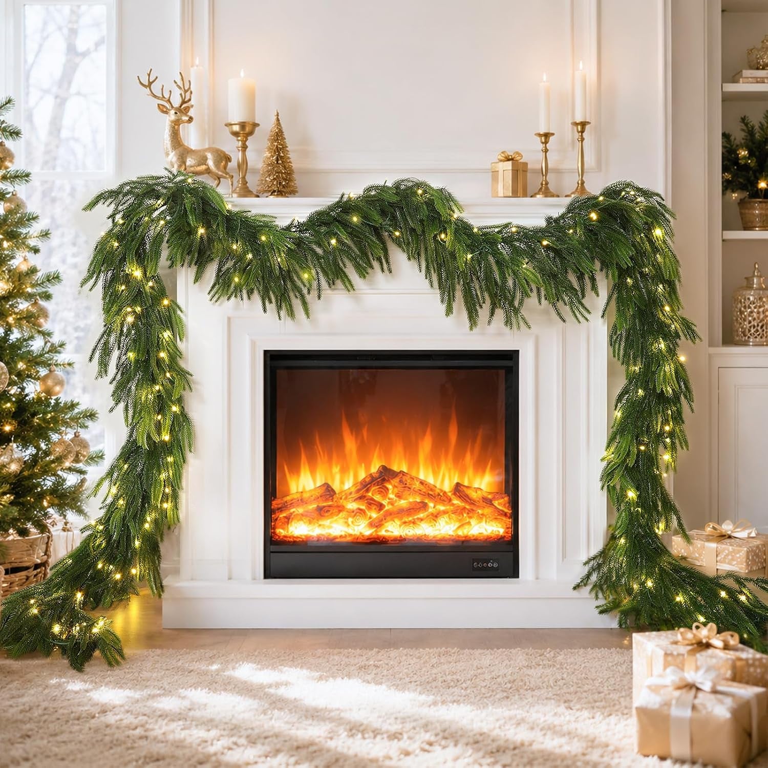 9FT Christmas Norfolk Pine Pre-Lit Garland with 70 LED Lights Real Touch Prelit Garland Christmas Greenery Garlands for Table Mantle Fireplace Stairs Indoor Outdoor Xmas Decorations