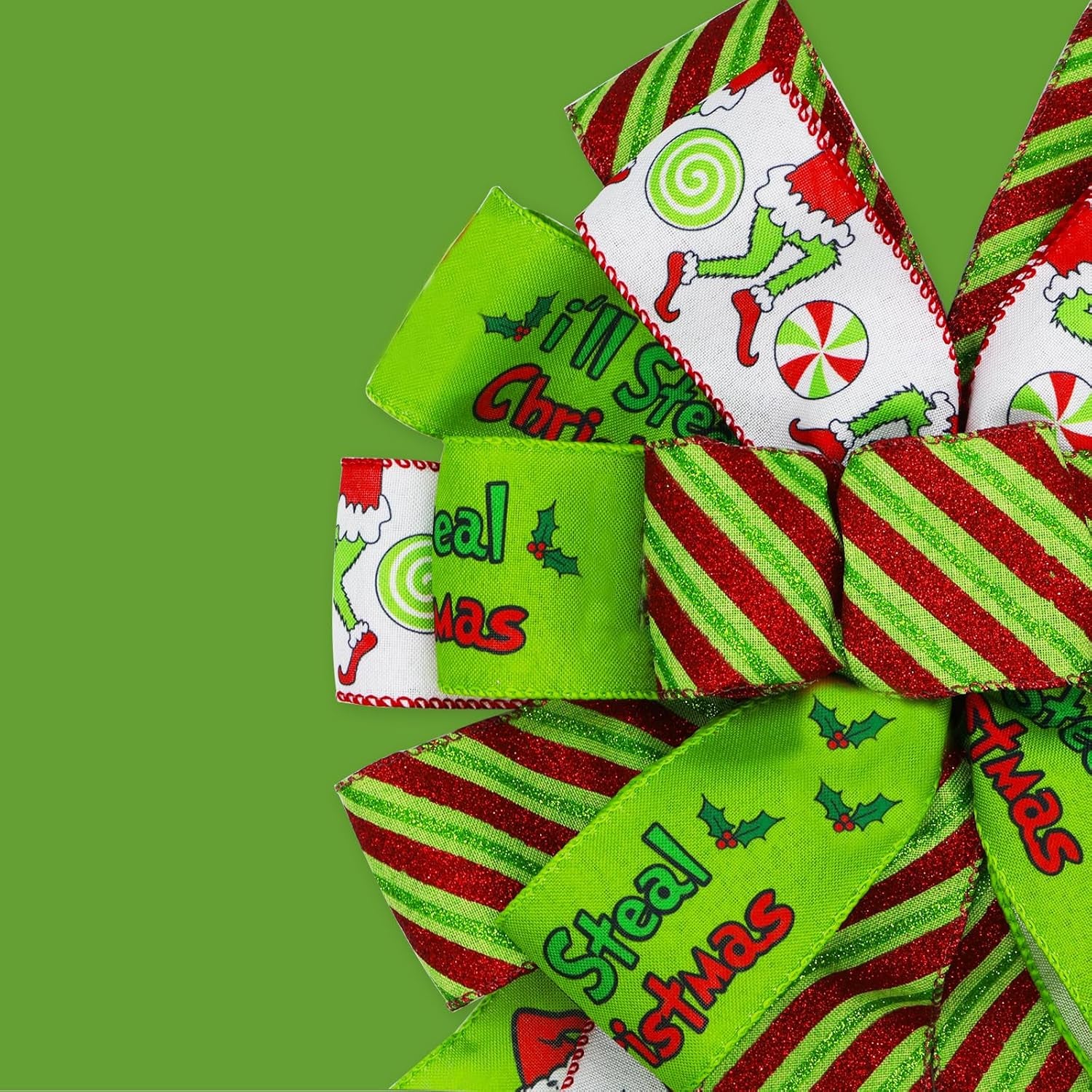 Large Christmas Tree Topper Bow 52X13 Inch, Pre-Tied Wired Wreath Ribbon | Big Festive Xmas Bow Ornaments with Long Streamers for Holiday Indoor Outdoor Home Party Decoration (Green)