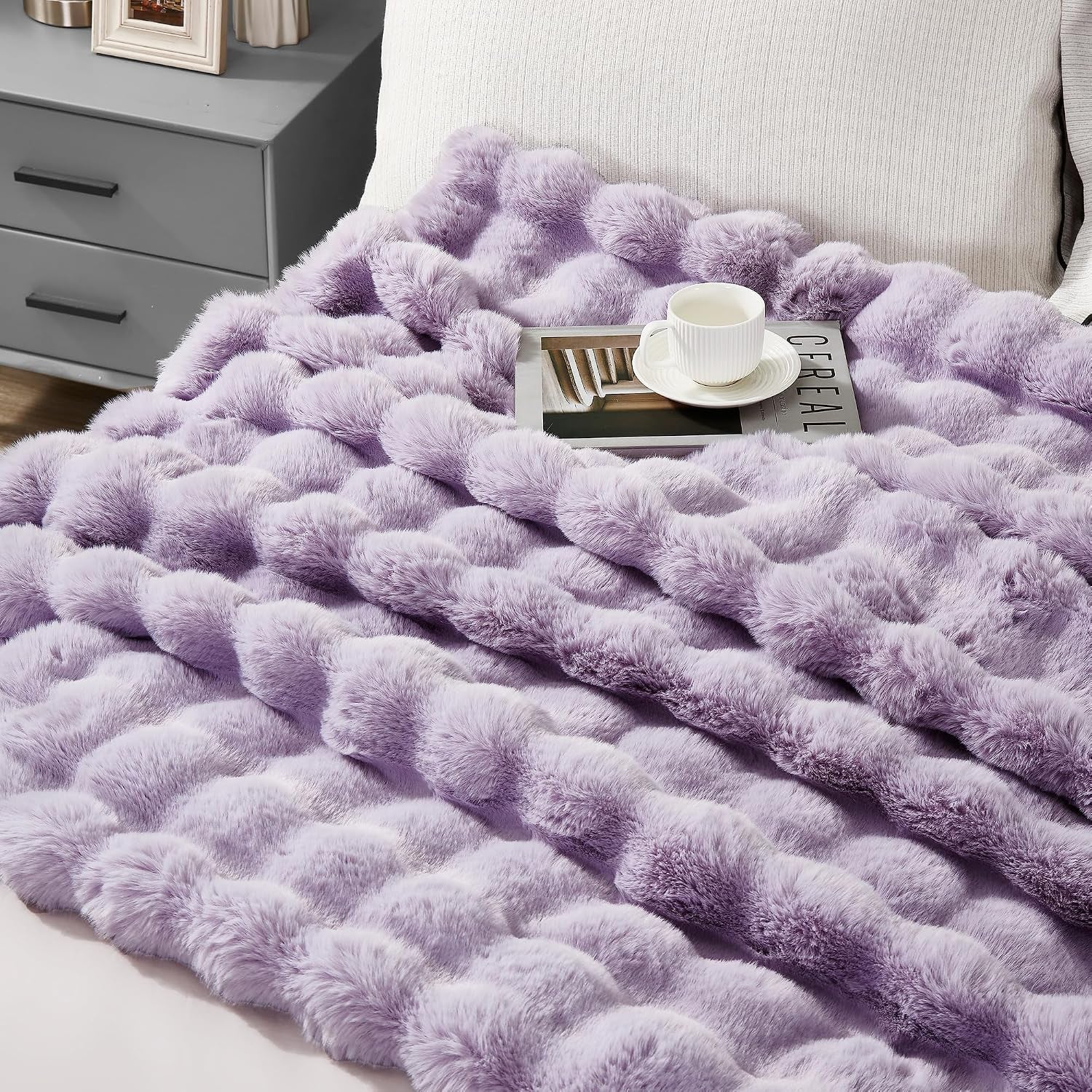 Solid Fall Bubble Faux Rabbit Fur Throw Blanket for Couch 50" X 60", Decorative Comfy Puffy Warm Fuzzy Blanket for Winter, Extra Thick Shaggy Cozy Comfy Fluffy Blankets for Adult Kids, Orange