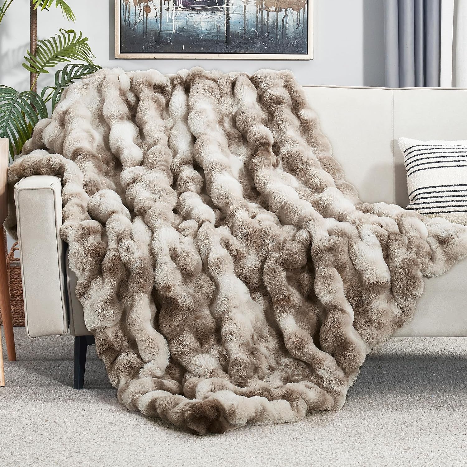 Solid Fall Bubble Faux Rabbit Fur Throw Blanket for Couch 50" X 60", Decorative Comfy Puffy Warm Fuzzy Blanket for Winter, Extra Thick Shaggy Cozy Comfy Fluffy Blankets for Adult Kids, Orange