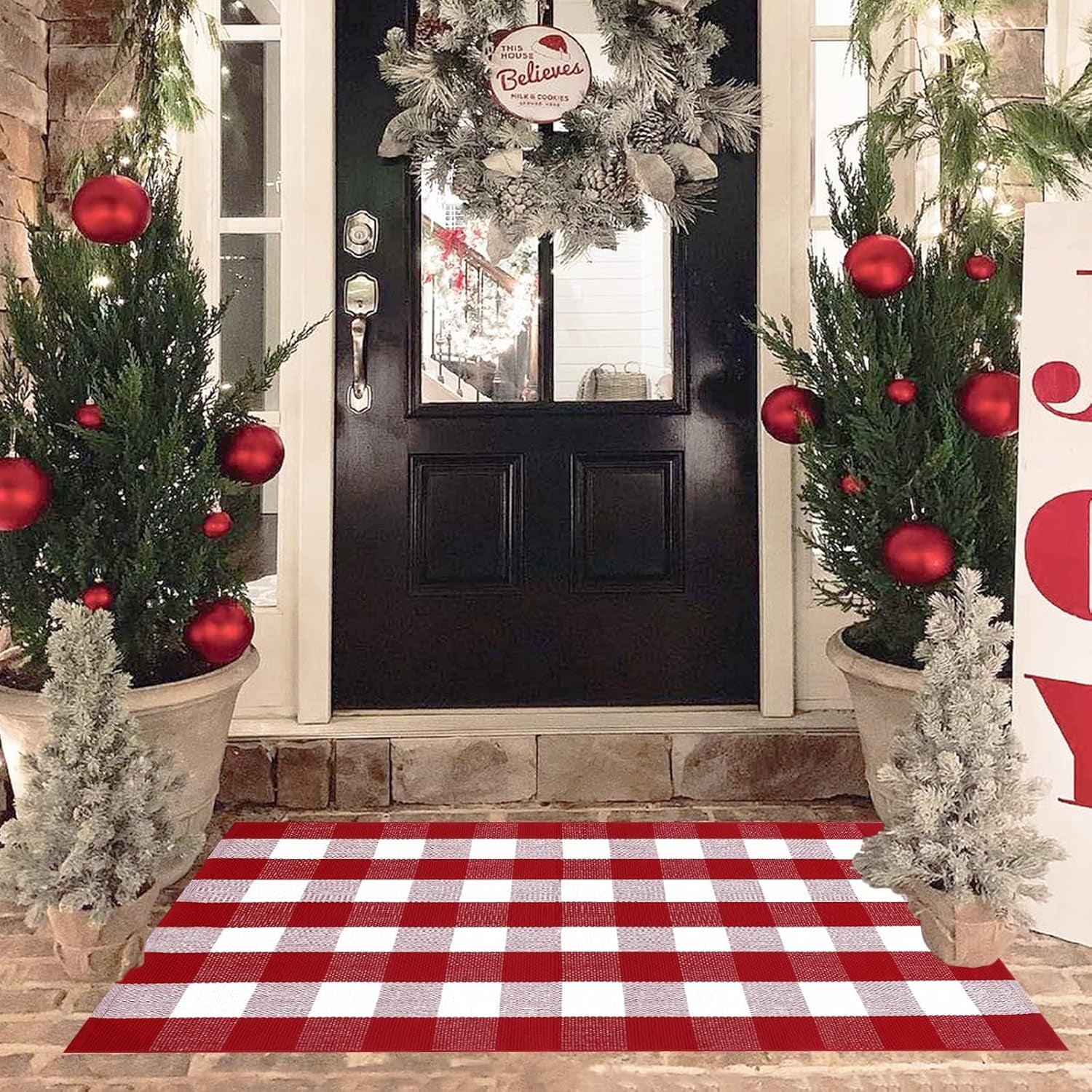 Orange and White Plaid Rug, 3' X 5' Fall Front Door Decor Mat, Cotton Washable Hand-Woven Door Mat for Layered Doormat, Autumn Halloween Thanksgiving Carpet for Porch, Entryway