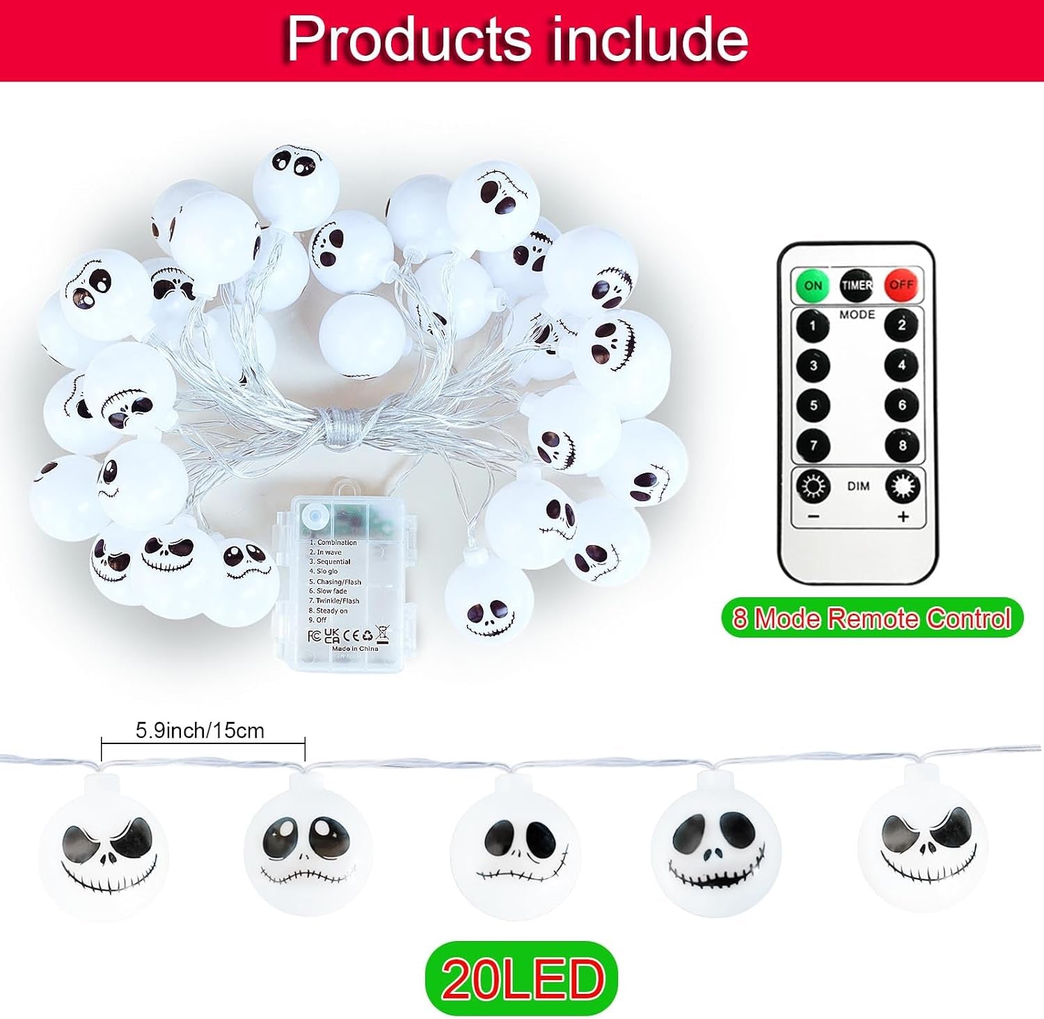 20 LED Battery Operated Halloween Lights for Nightmare Christmas Decorations, Battery Outdoor Lights for Indoor Outdoor Decorations Home, Bedroom, Patio, Balcony,Halloween Party (8 Modes)