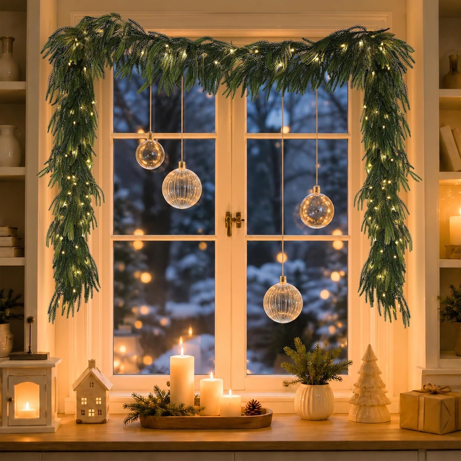 9FT Christmas Norfolk Pine Pre-Lit Garland with 70 LED Lights Real Touch Prelit Garland Christmas Greenery Garlands for Table Mantle Fireplace Stairs Indoor Outdoor Xmas Decorations