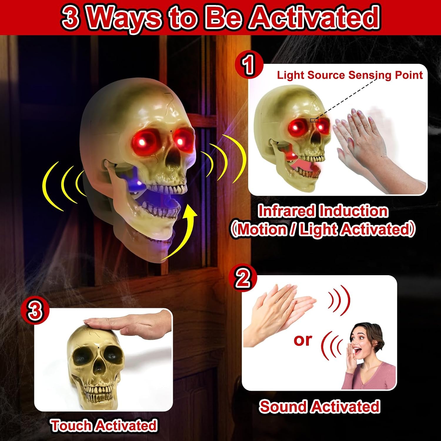 Halloween Animatronic Talking Hanging Skull Head Decorations Outdoor | Sound/Light Sensor Activated, Red Glowing Eyes, Shaking Jaw, Spooky Sounds, Wall Mounted, Indoor/Home, Haunted House/Party
