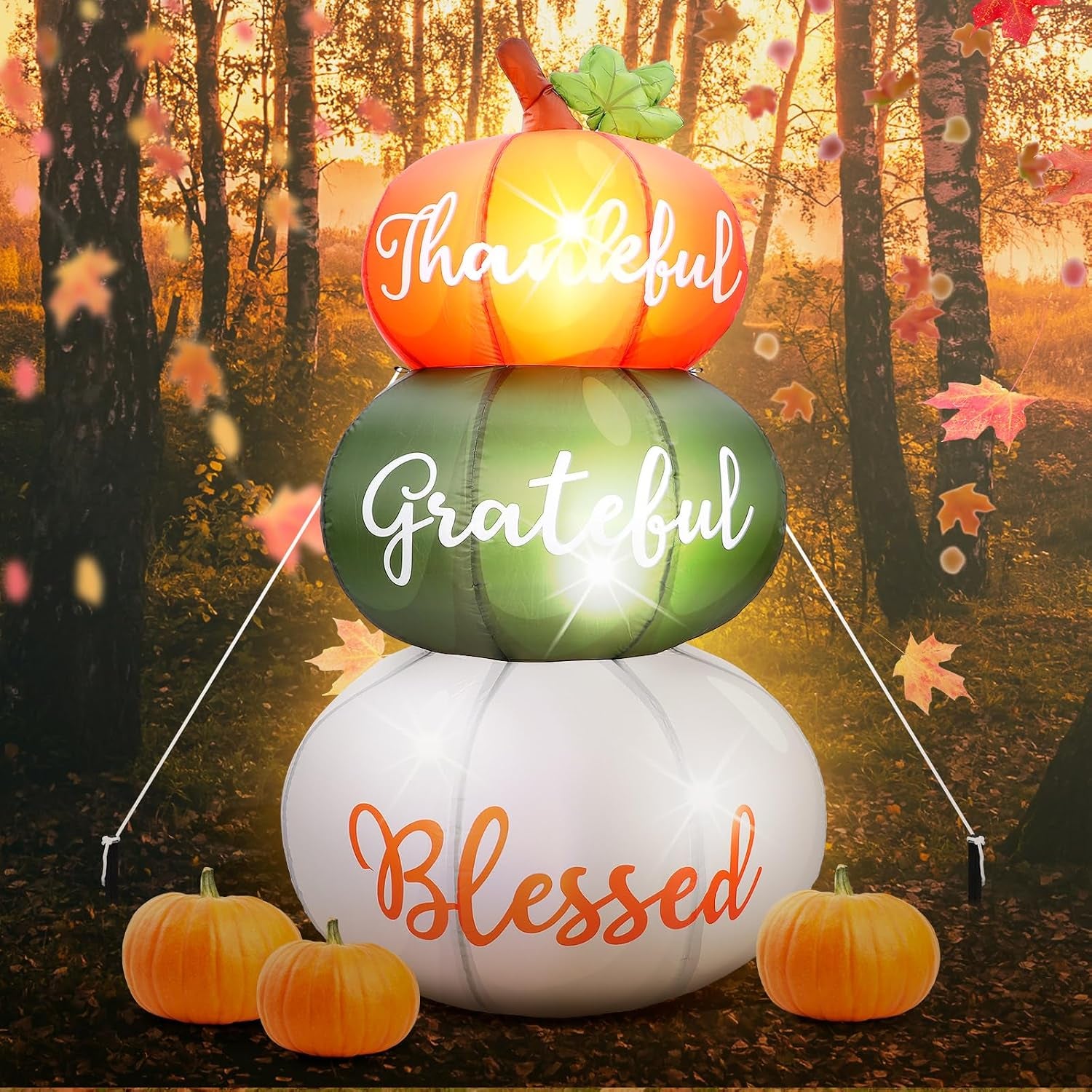 6.4Ft Thanksgiving Inflatable Stacked Pumpkins with LED, Yard Decor | Built-In LED, Thankful Grateful Blessed Design, Weather Resistant, Stakes Tethers Include, Lawn, Garden, Porch, Harvest Decor
