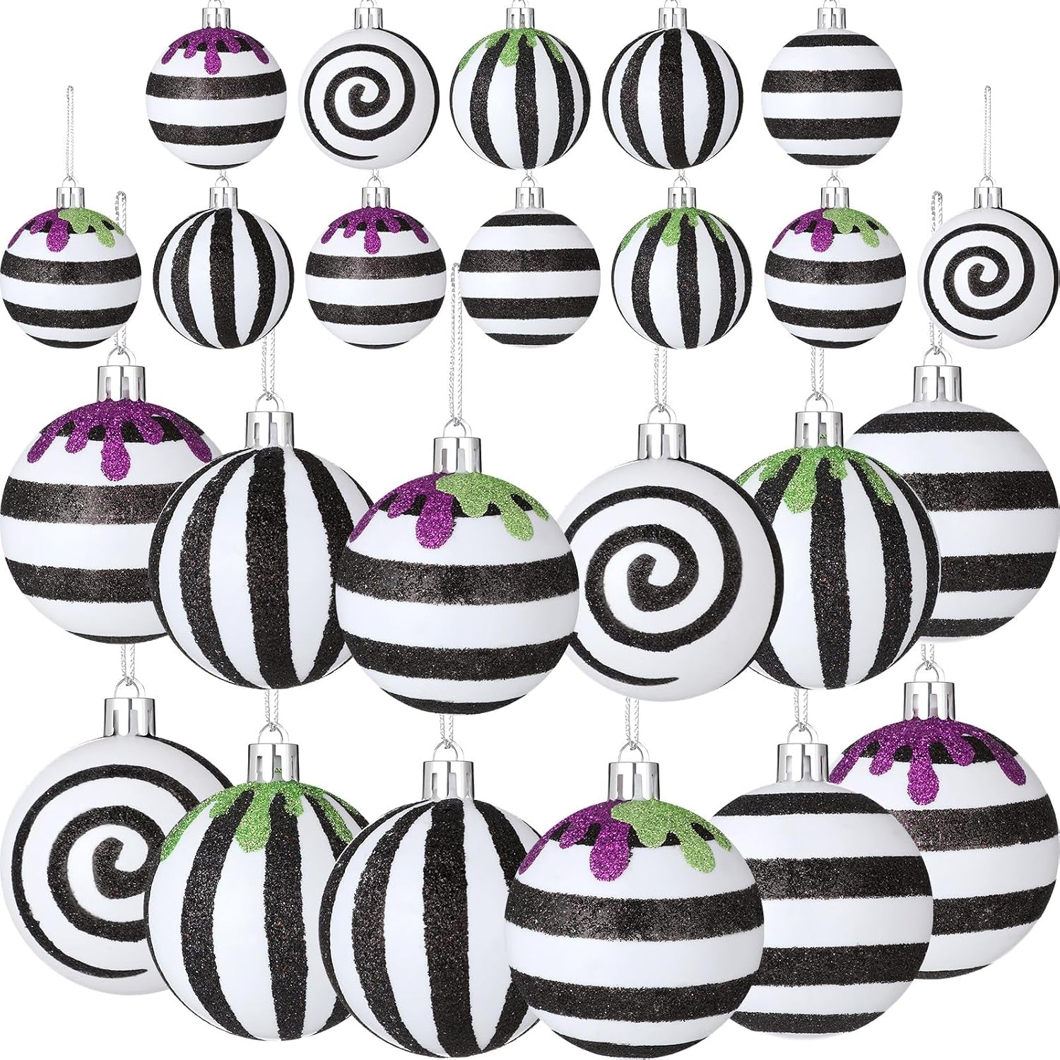 12 Pcs Halloween Ball Ornaments 2.36 Inch Black Purple Green Stripe Hanging Ball Ornaments Halloween Tree Decoration for Nightmare Party Christmas Decoration Supplies