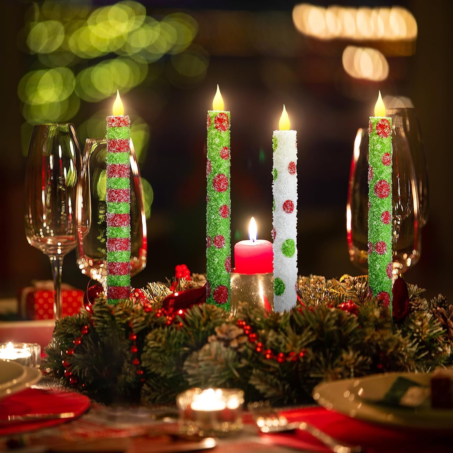 6 Pcs Christmas Flameless Taper Candles 10.6 Inch Elf Theme Candles Battery Operated LED Christmas Candlesticks for Xmas Centerpiece Holiday Party Decor