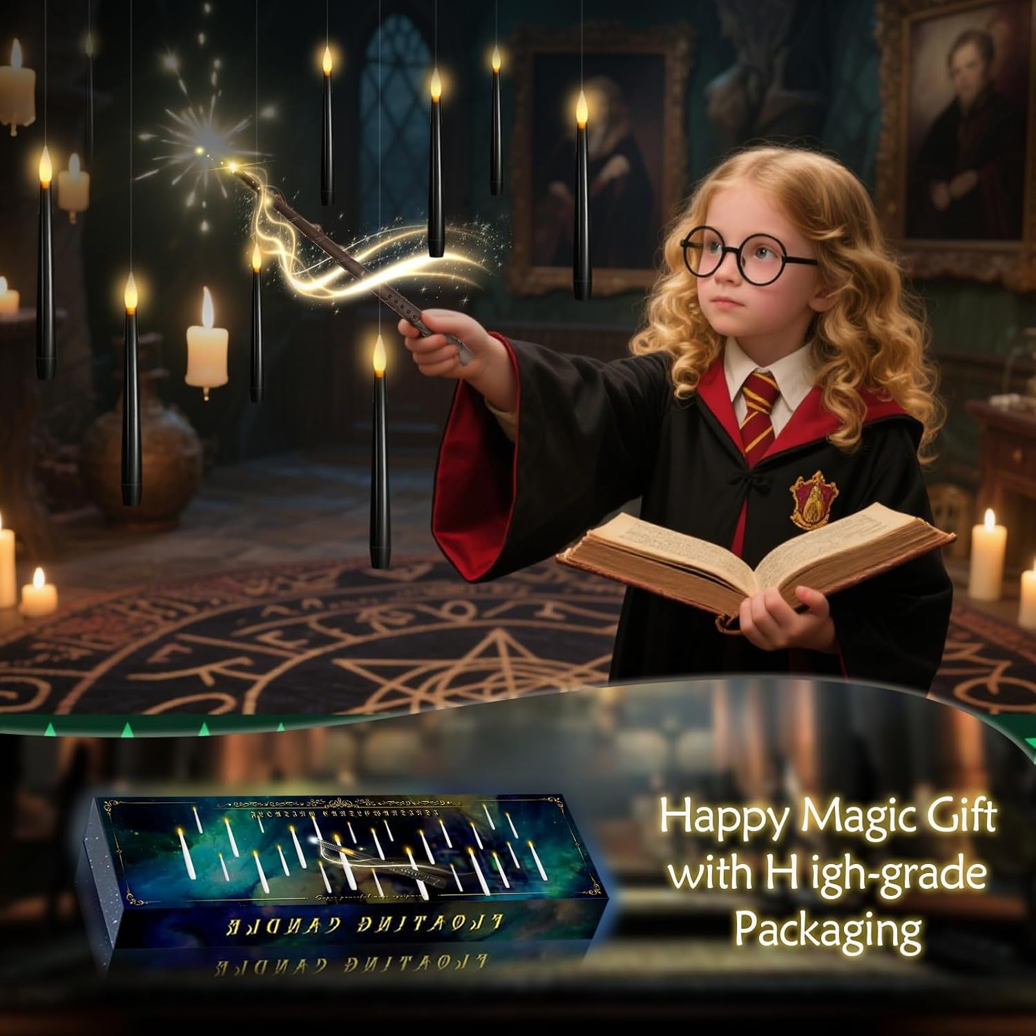 Flameless Floating Candles with Wand，12 Pcs Magic LED Hanging Taper Candles，Flickering Battery Operated Taper Candle with Wand Remote for Halloween Decorations Best Gift（Black）