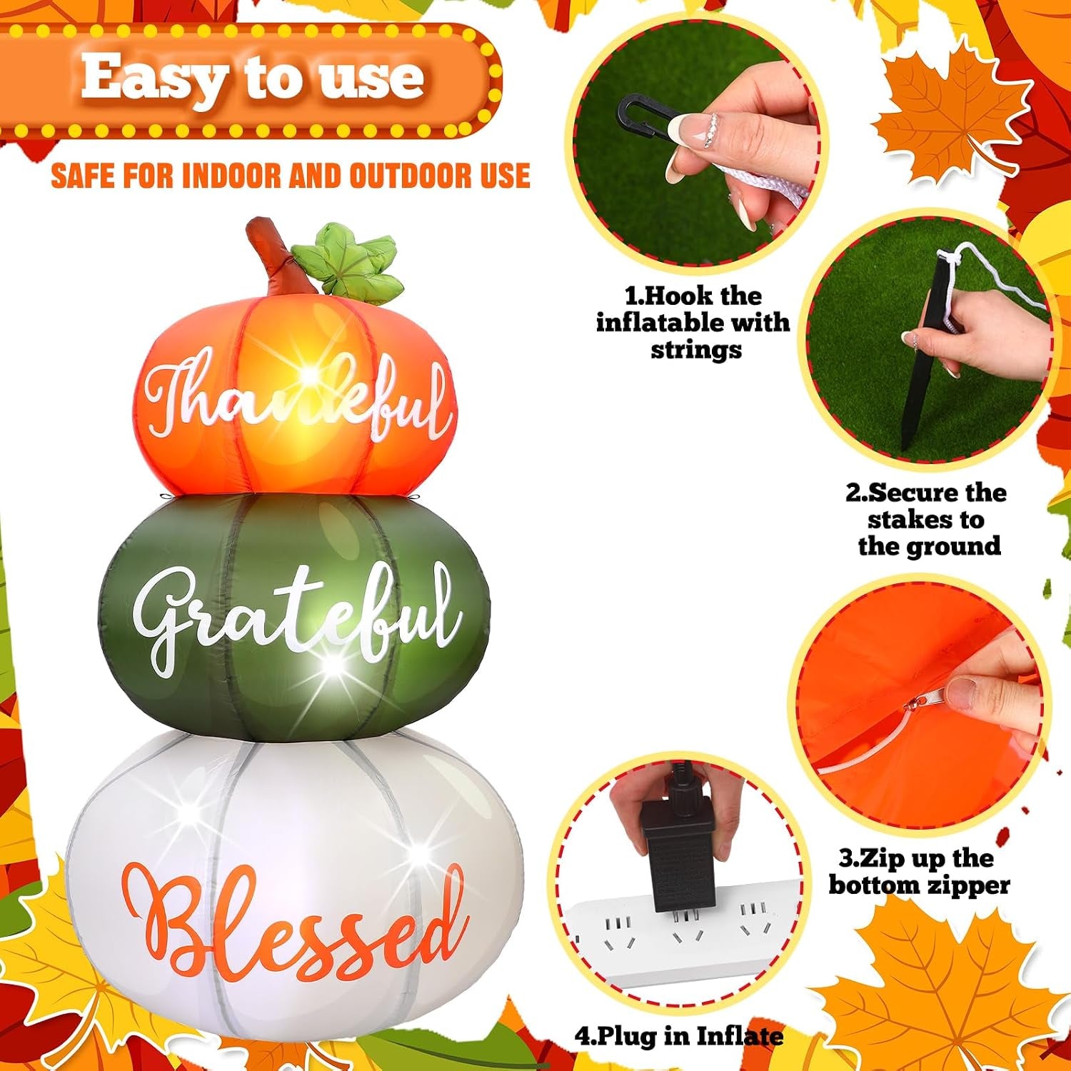 6.4Ft Thanksgiving Inflatable Stacked Pumpkins with LED, Yard Decor | Built-In LED, Thankful Grateful Blessed Design, Weather Resistant, Stakes Tethers Include, Lawn, Garden, Porch, Harvest Decor