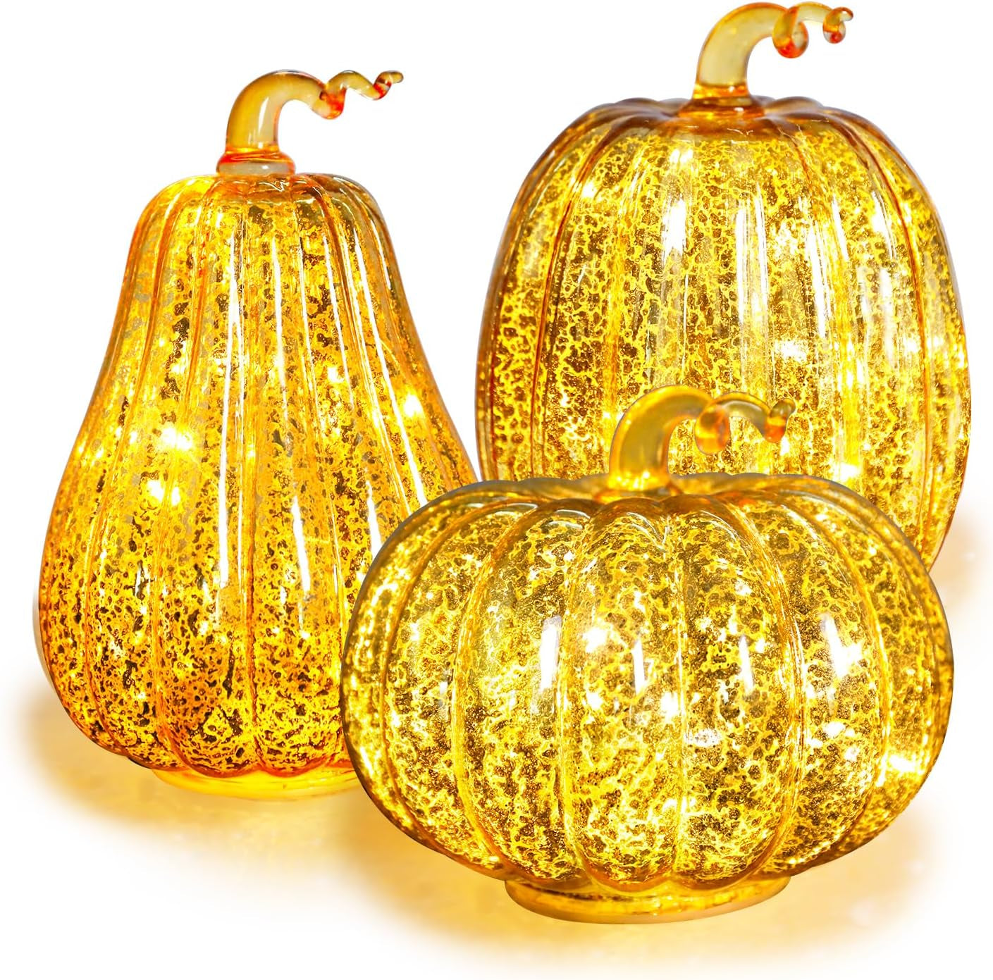 Mercury Glass Pumpkin Lights Fall Porch Decorations Halloween Holiday Gift | Light up Glass Pumpkins with Timer Autumn Thanksgiving Indoor/Outdoor Decor,3Pcs Starry Night Pumpkin for Tabletop