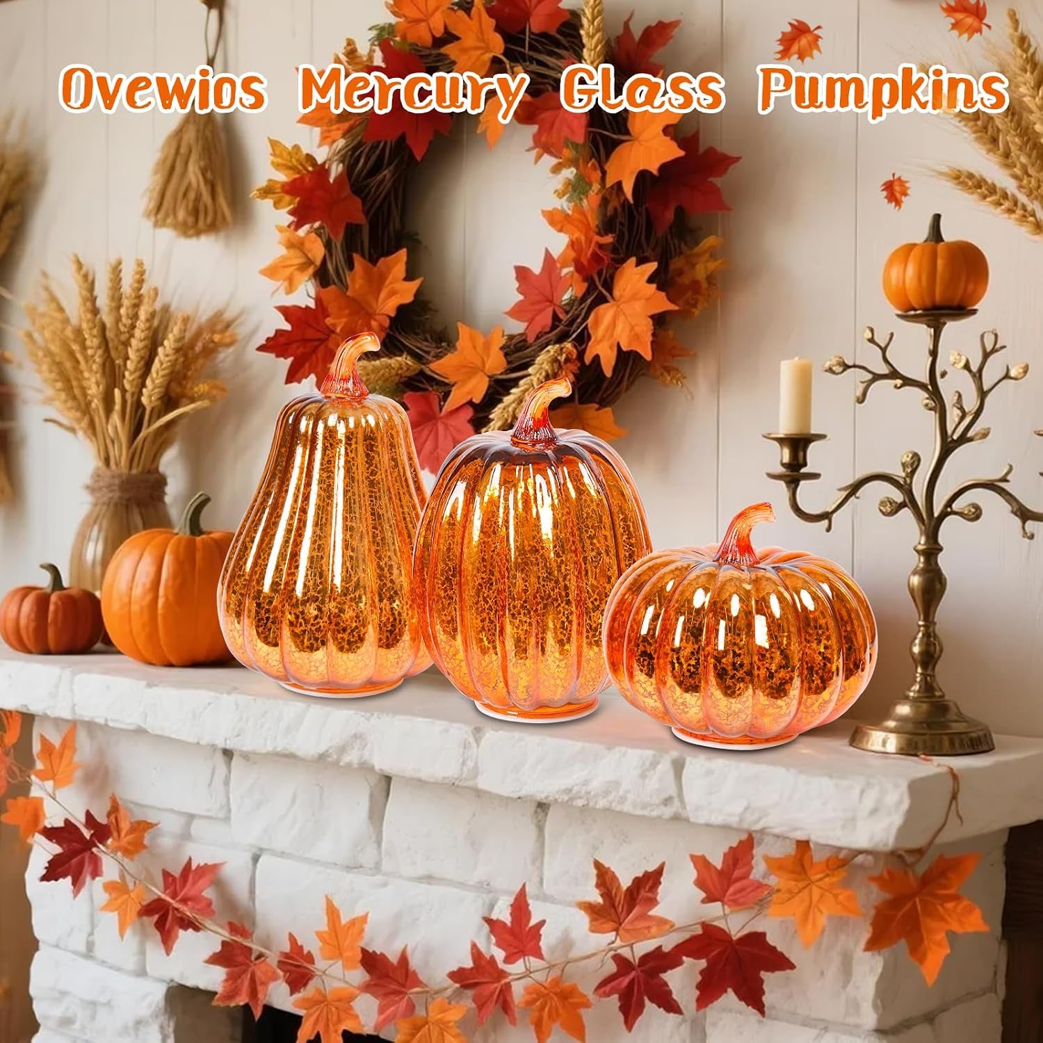 Mercury Glass Pumpkin Lights Fall Porch Decorations Halloween Holiday Gift | Light up Glass Pumpkins with Timer Autumn Thanksgiving Indoor/Outdoor Decor,3Pcs Starry Night Pumpkin for Tabletop