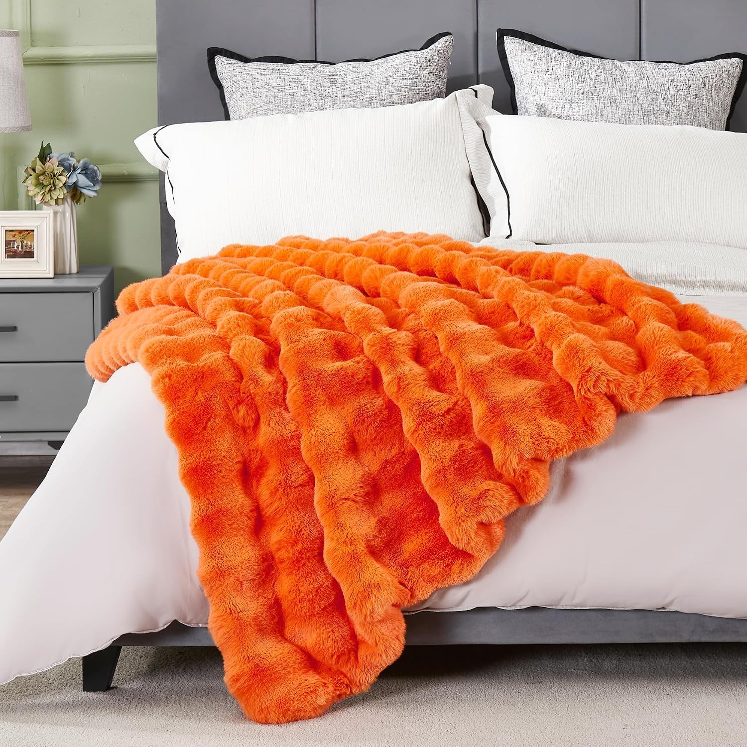Solid Fall Bubble Faux Rabbit Fur Throw Blanket for Couch 50" X 60", Decorative Comfy Puffy Warm Fuzzy Blanket for Winter, Extra Thick Shaggy Cozy Comfy Fluffy Blankets for Adult Kids, Orange