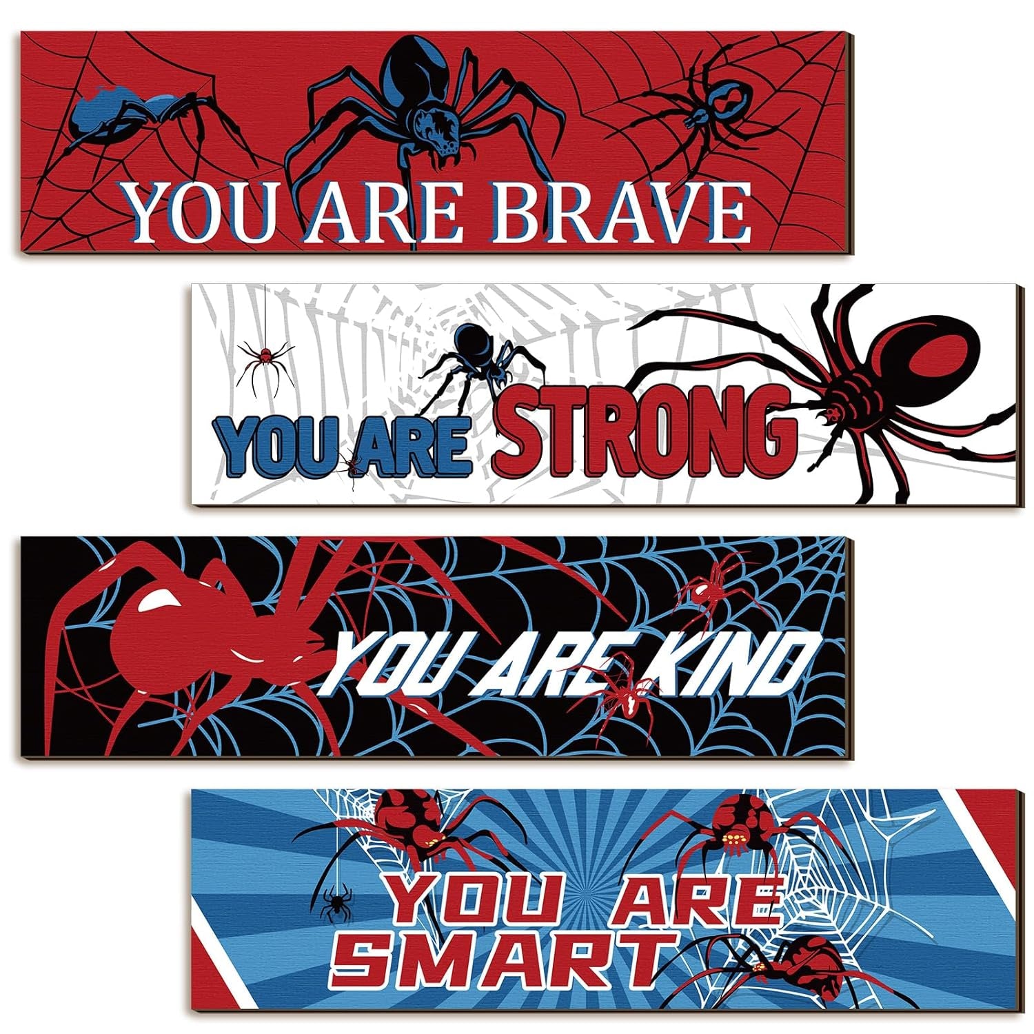 4 Pcs Spider Room Decor Bedroom Boys Wall Decor Inspirational Wall Decoration Wooden Art Prints for Boys Kids Children Home Indoor Decoration Toddler Room Sign Birthday Gifts