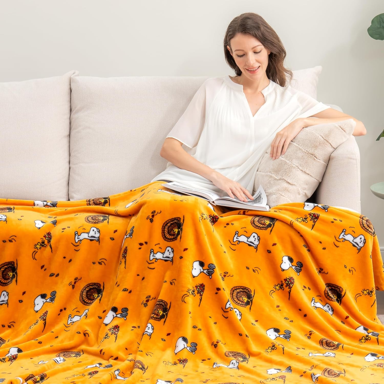 Peanuts® Velvetloft® Cute Character Snoopy Plush Throw Blanket,Snoopy and Woodstock Fall Birds & Leafs Orange,Throw 55 in X 70 in (Official Peanuts® Product)