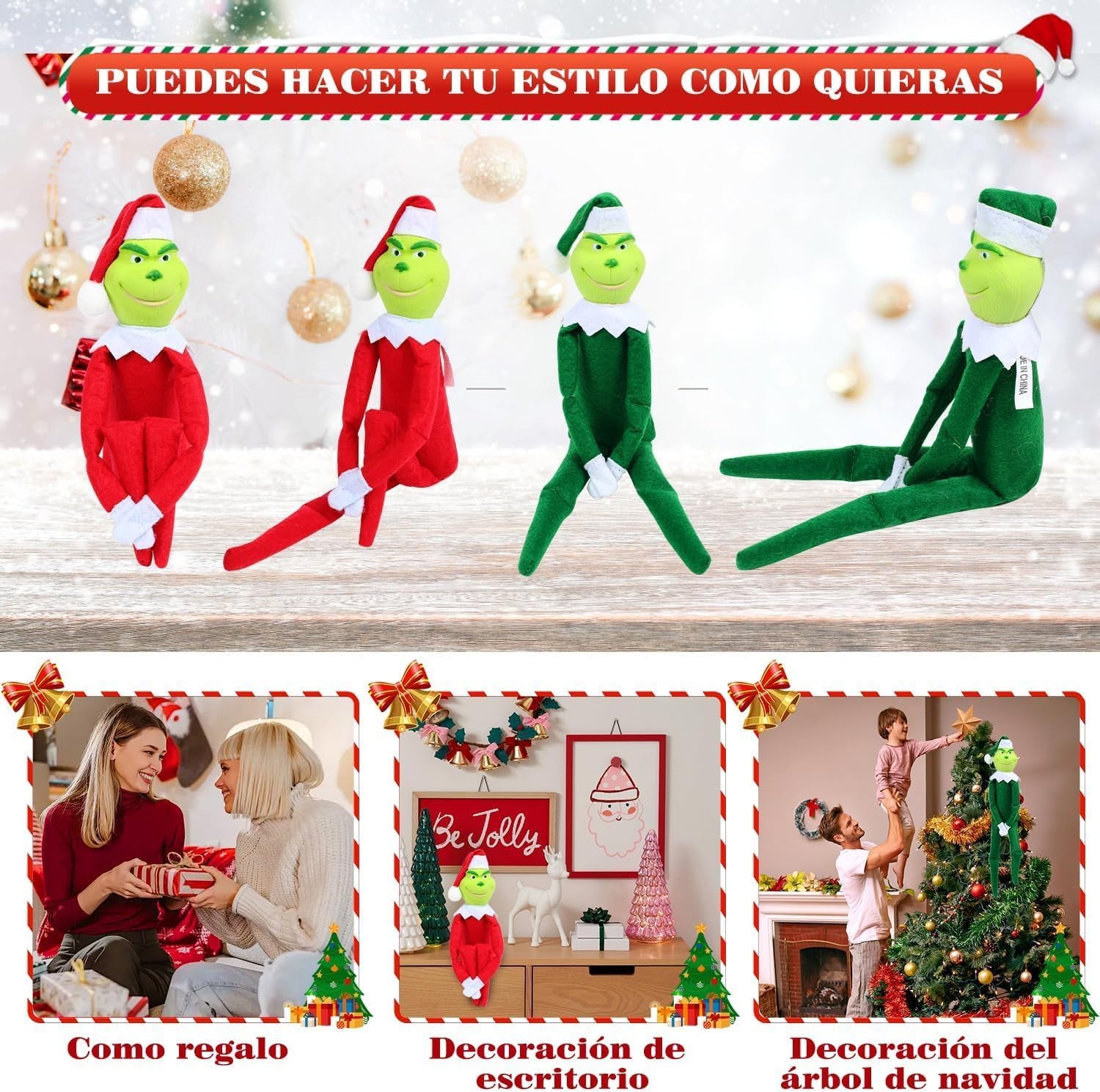 Christmas Elf Plush Doll - Red and Green Elves for Home Decoration, Xmas Ornaments Tabletop Home Office Decor, Fun Toys Gifts and Christmas Decorations (Green)