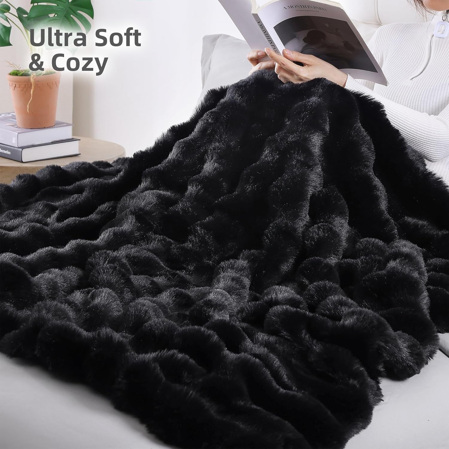 Faux Rabbit Fur Throw for Couch - Black Bubble Blanket 50"X60" | Fluffy Plush Fuzzy Throw for Sofa & Bed, Super Soft Cozy Comfrt Blanket, Luxury Aesthetic Black Decor Gift for Women