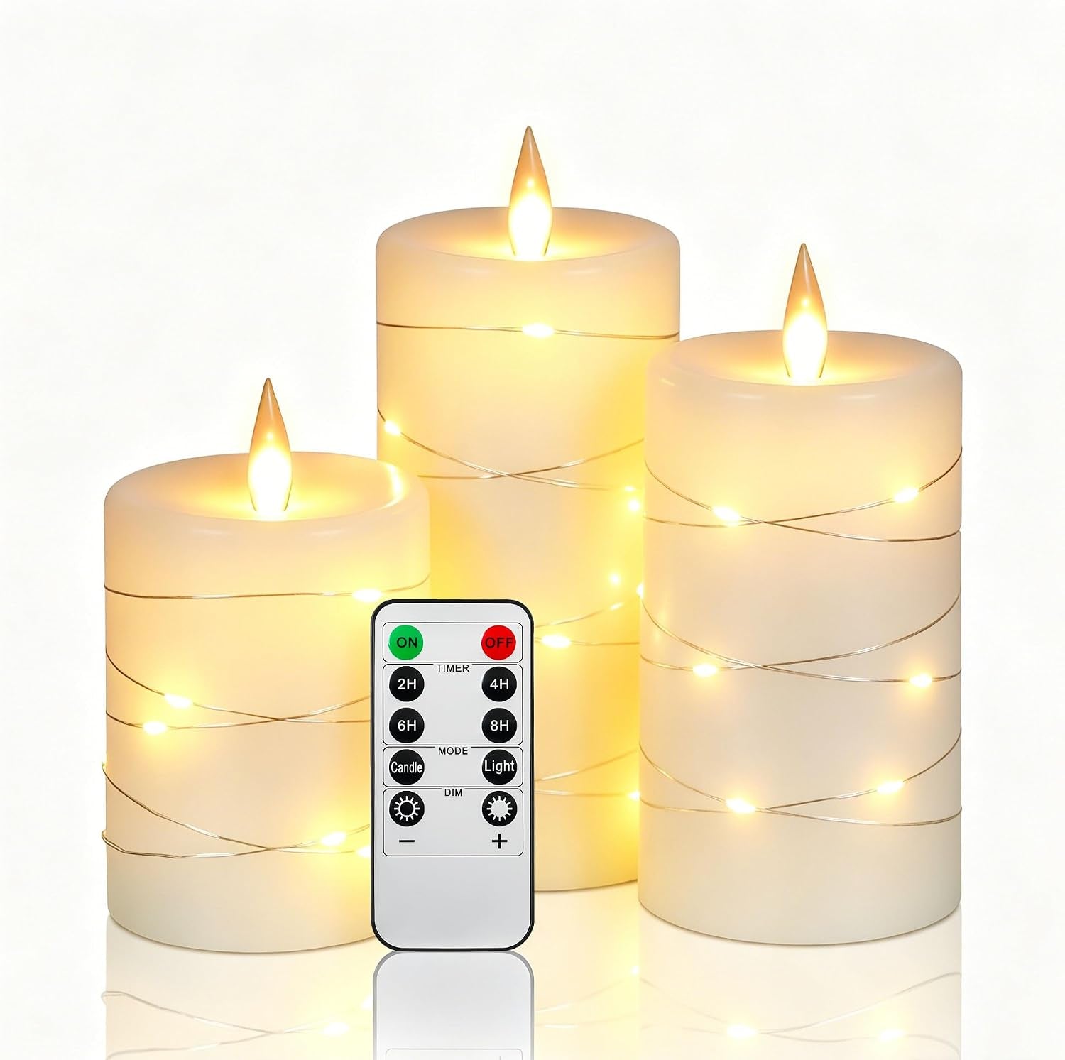 5 Pack Red Real Wax Flameless Taper Candles, Lifelike Flickering LED Candles with Copper String Lights, Battery Operated Candles with Remote for Holiday Wedding Home Decor