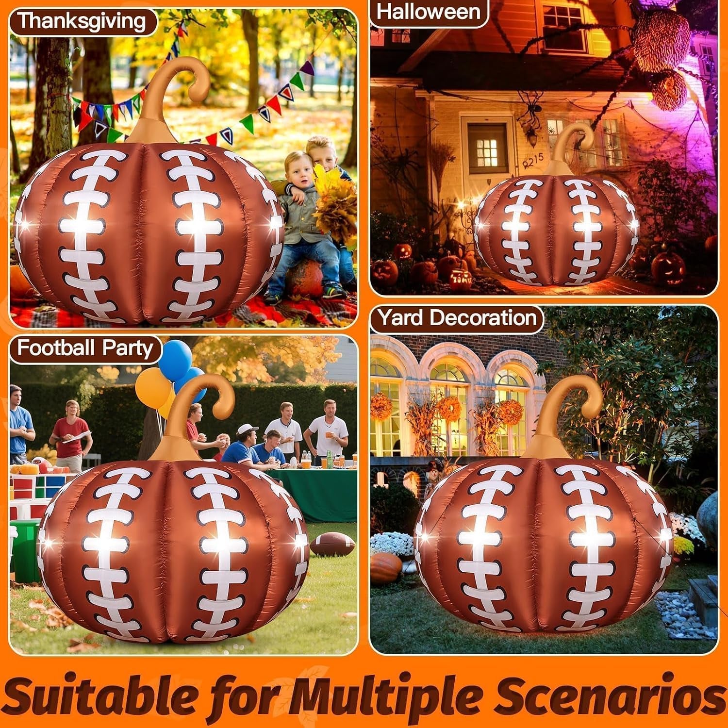 4.6FT Inflatable Pumpkin Outdoor Decorations Football Inflatables Pumpkins Built-In 4 LED Lights Fall Giant Blow up Pumpkin for Halloween Decor Football Sport Fans Party Garden Yard Lawn