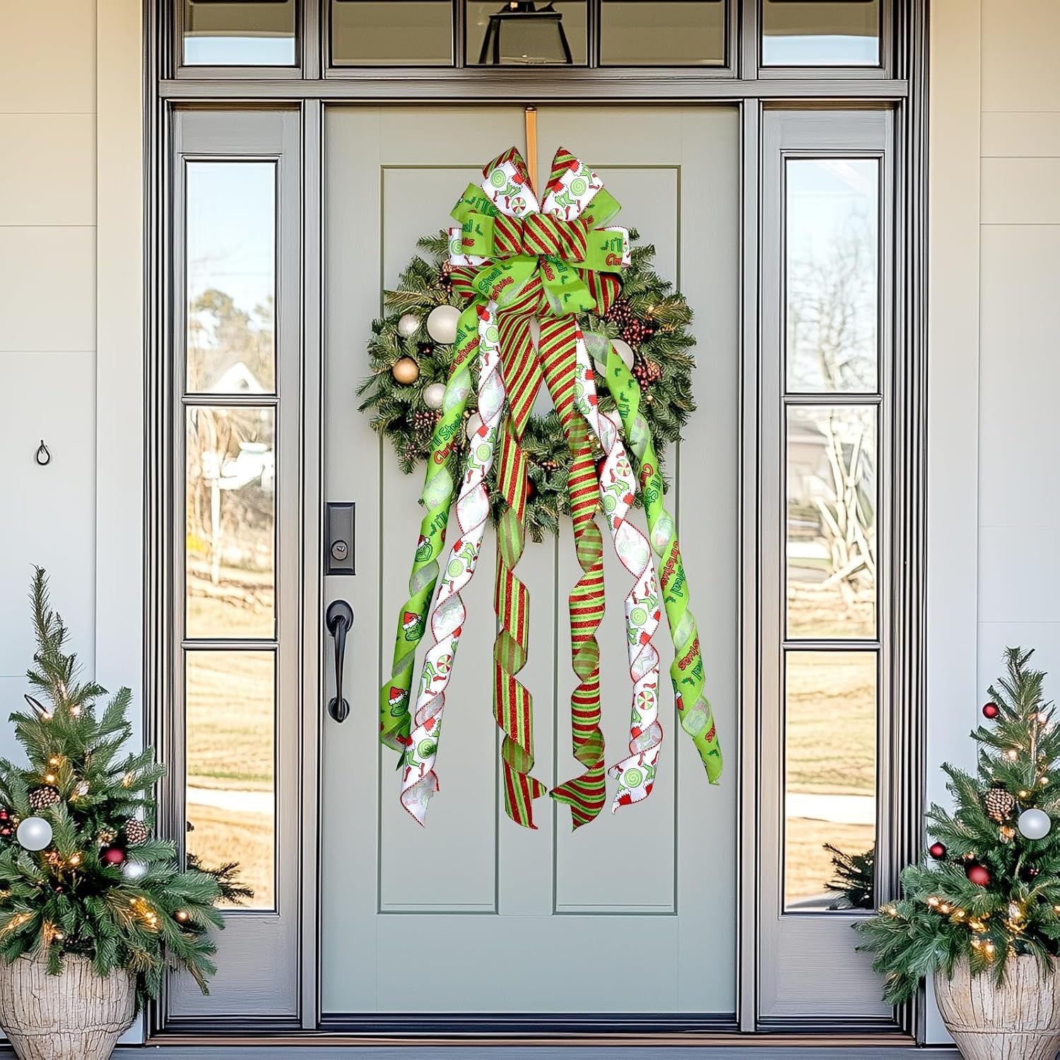 Large Christmas Tree Topper Bow 52X13 Inch, Pre-Tied Wired Wreath Ribbon | Big Festive Xmas Bow Ornaments with Long Streamers for Holiday Indoor Outdoor Home Party Decoration (Green)