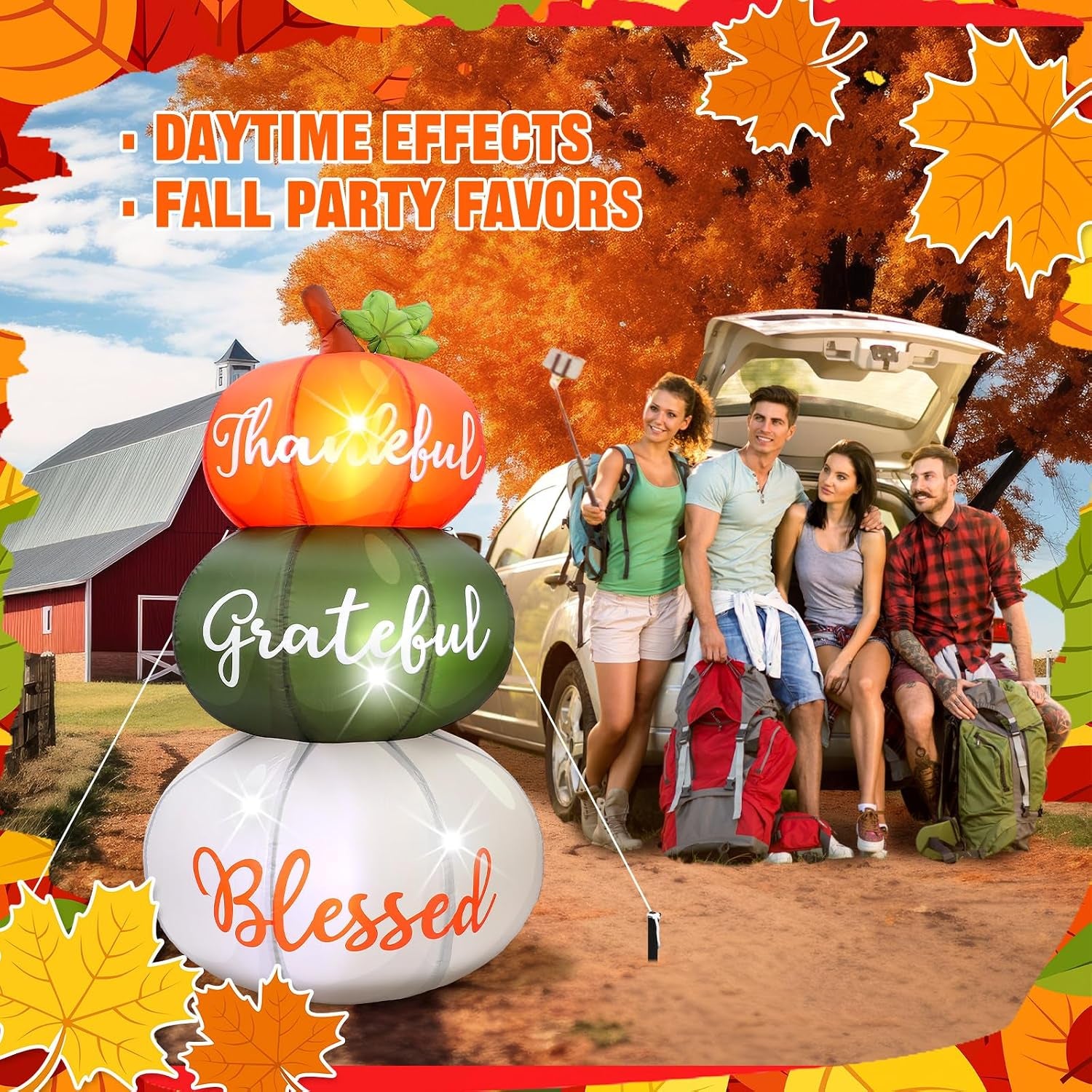 6.4Ft Thanksgiving Inflatable Stacked Pumpkins with LED, Yard Decor | Built-In LED, Thankful Grateful Blessed Design, Weather Resistant, Stakes Tethers Include, Lawn, Garden, Porch, Harvest Decor