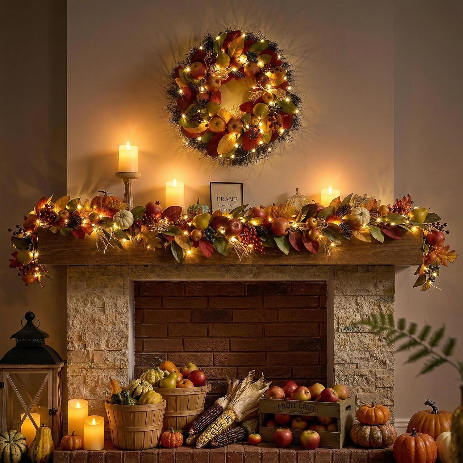 24'' Collapsible Pre-Lit Fruits Fall Wreath for Front Door | Faux Pomegranate & Apples & Maple Leaves & Greeting Plaque & LED Light for Fireplace,Porch,Autumn Thanksgiving Harvest Decor