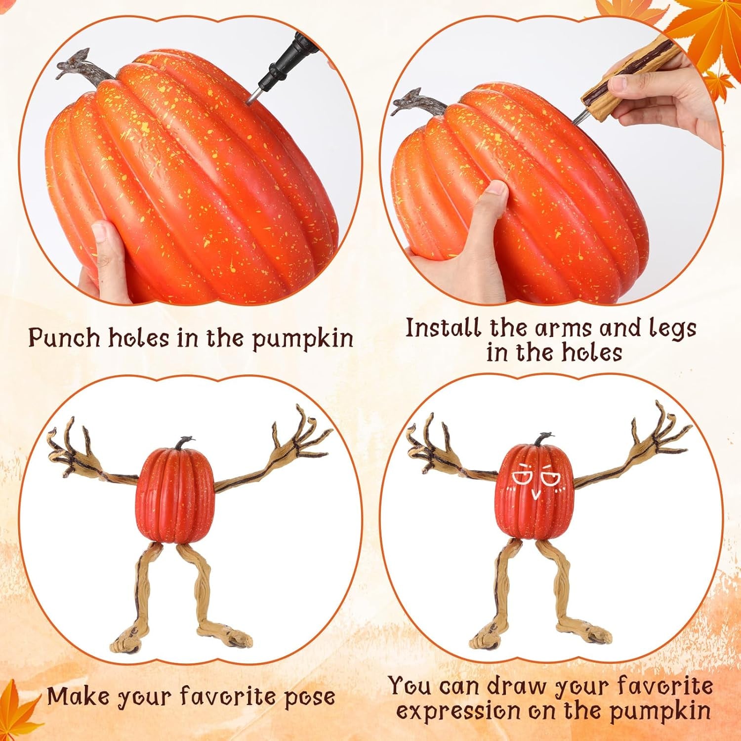 Set of 8 Bendable Pumpkin Arms and Legs Scary Outdoor Halloween Pumpkin Decor Spooky Vine Design Halloween Outdoor Decorations for outside Porch Yard