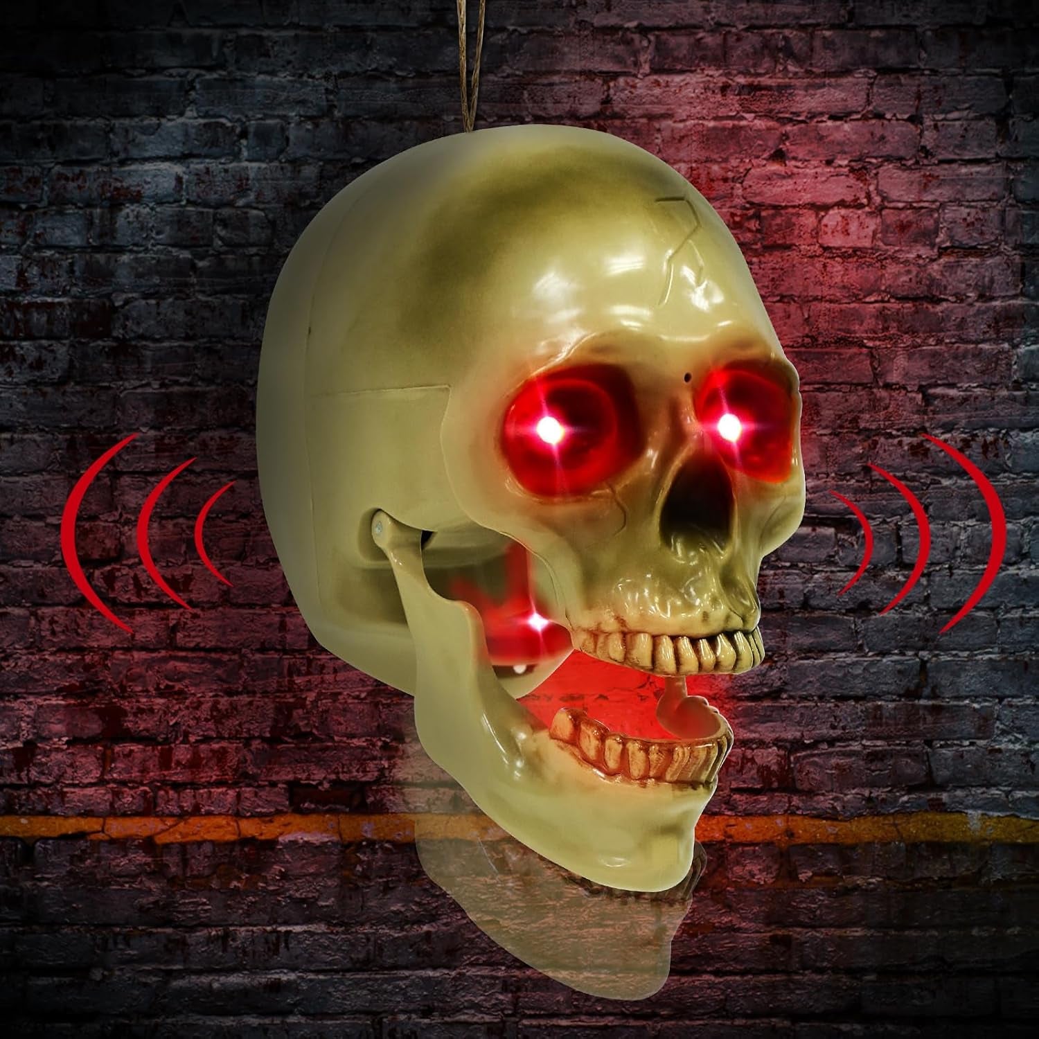 Halloween Animatronic Talking Hanging Skull Head Decorations Outdoor | Sound/Light Sensor Activated, Red Glowing Eyes, Shaking Jaw, Spooky Sounds, Wall Mounted, Indoor/Home, Haunted House/Party