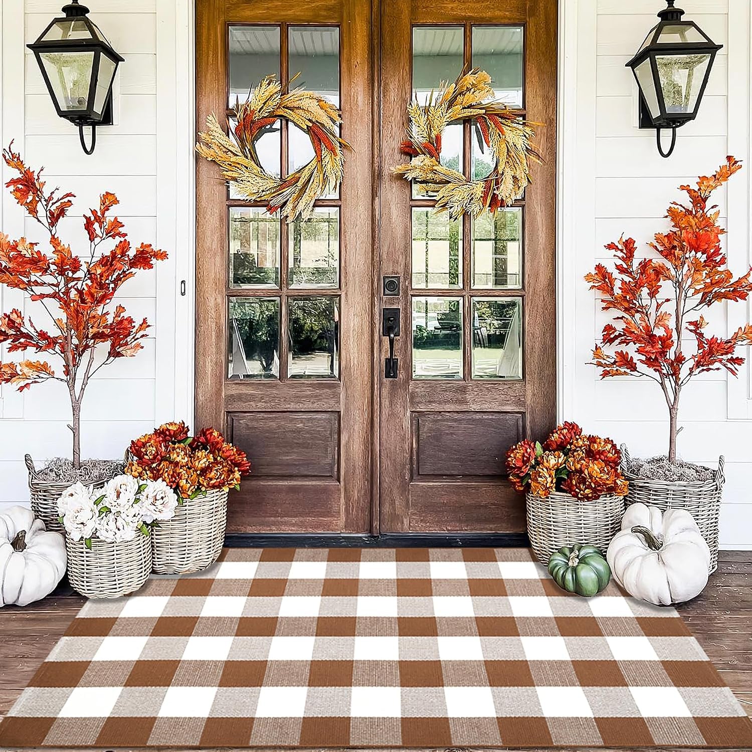 Orange and White Plaid Rug, 3' X 5' Fall Front Door Decor Mat, Cotton Washable Hand-Woven Door Mat for Layered Doormat, Autumn Halloween Thanksgiving Carpet for Porch, Entryway
