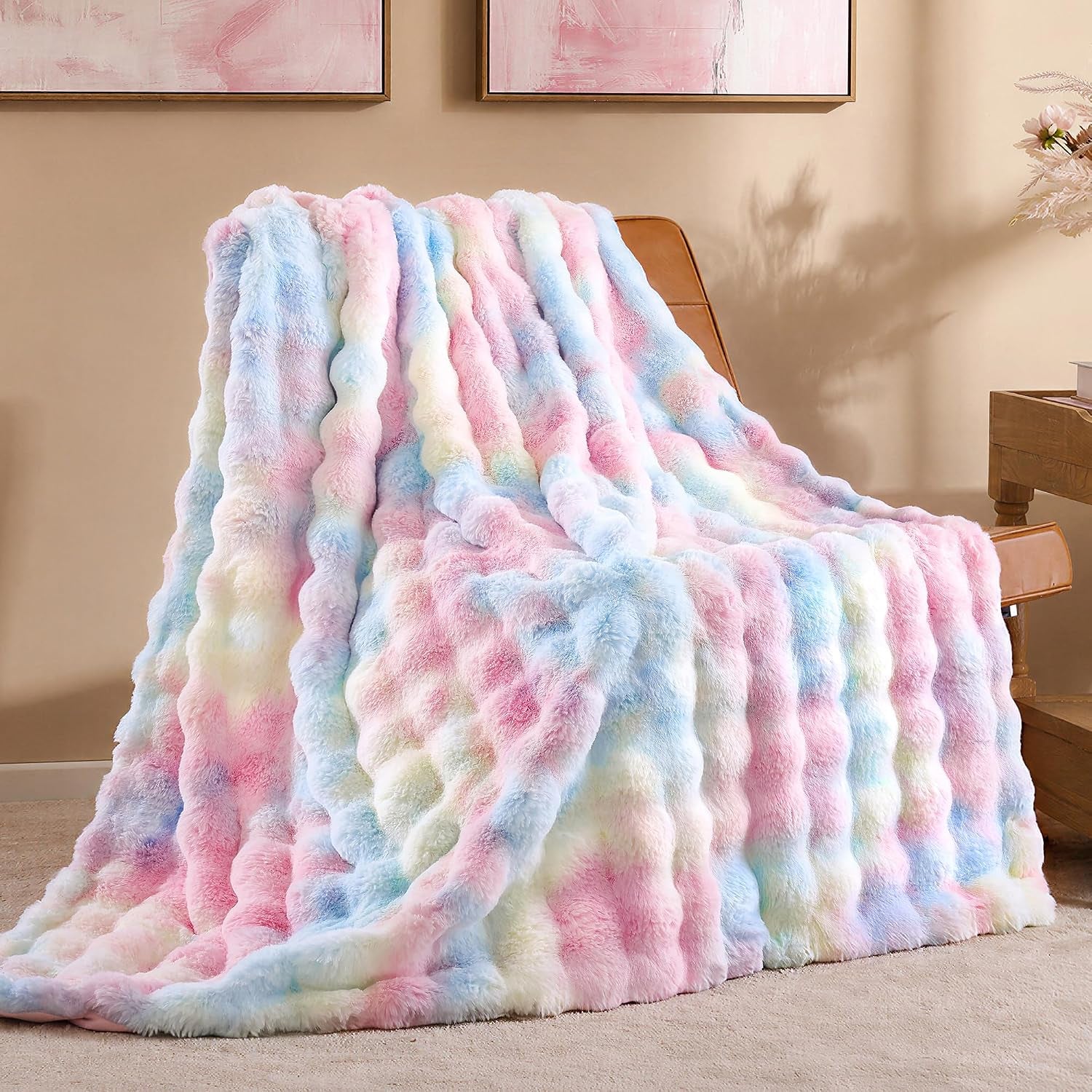 Faux Rabbit Fur Throw for Couch - Black Bubble Blanket 50"X60" | Fluffy Plush Fuzzy Throw for Sofa & Bed, Super Soft Cozy Comfrt Blanket, Luxury Aesthetic Black Decor Gift for Women