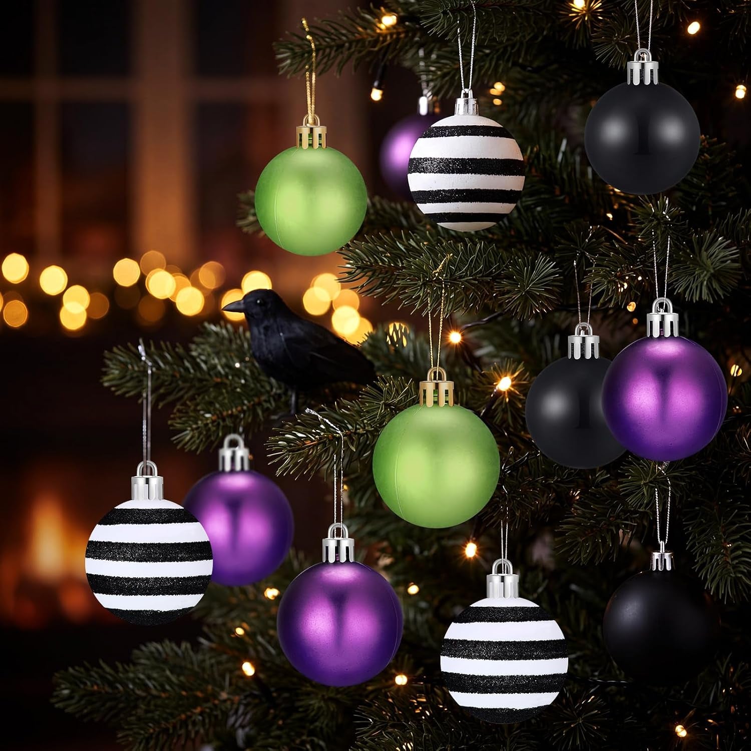 12 Pcs Halloween Ball Ornaments 2.36 Inch Black Purple Green Stripe Hanging Ball Ornaments Halloween Tree Decoration for Nightmare Party Christmas Decoration Supplies