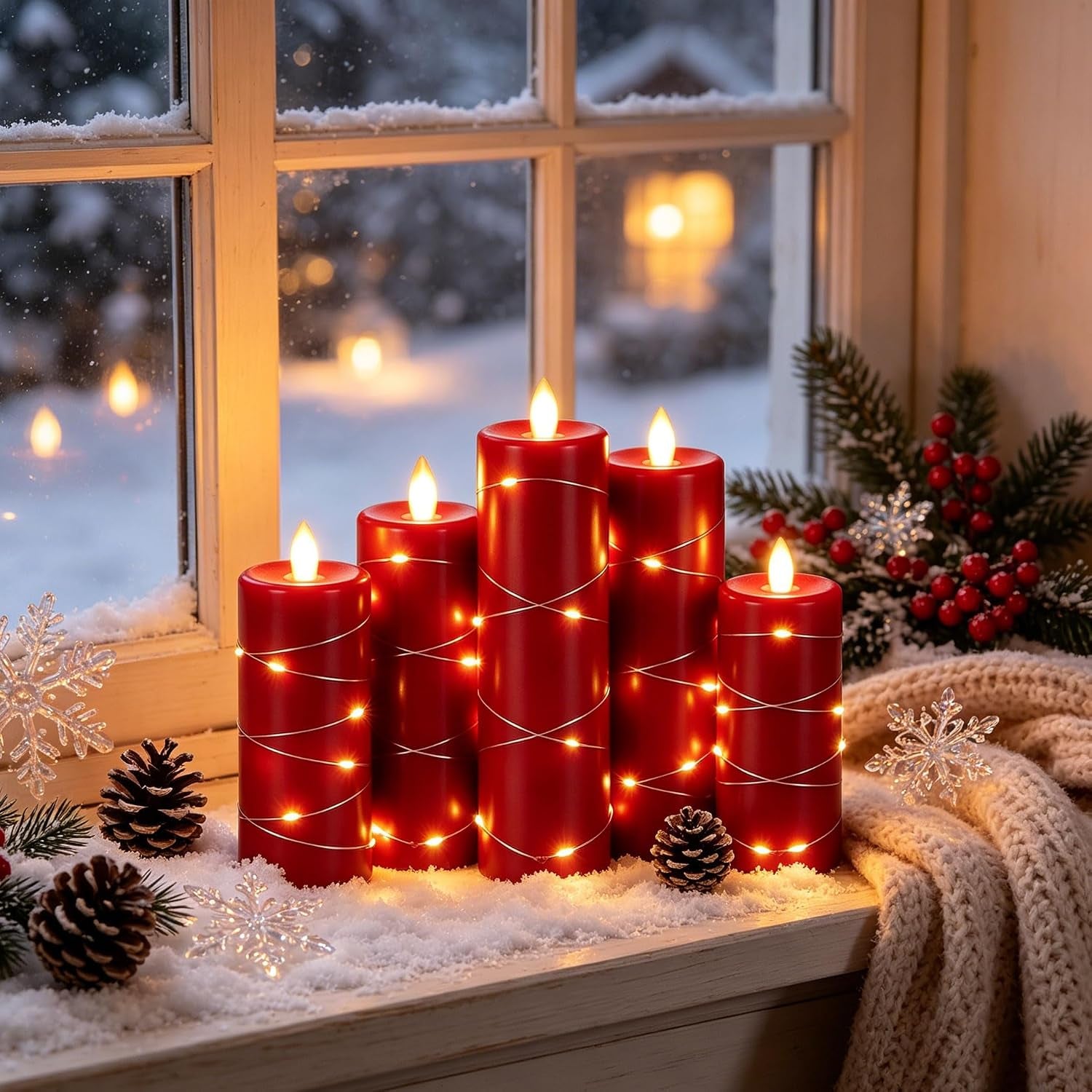 5 Pack Red Real Wax Flameless Taper Candles, Lifelike Flickering LED Candles with Copper String Lights, Battery Operated Candles with Remote for Holiday Wedding Home Decor