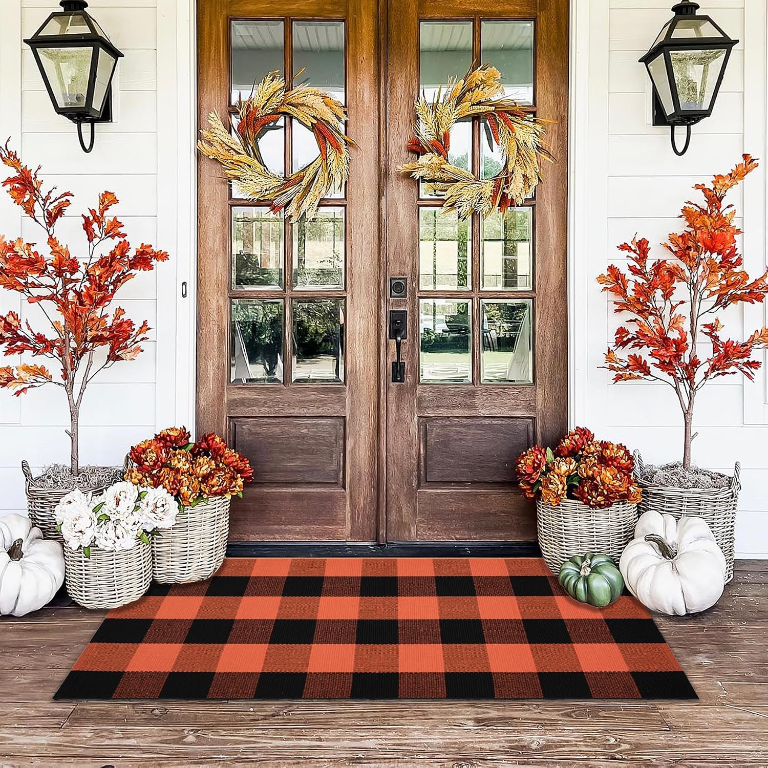 Orange and White Plaid Rug, 3' X 5' Fall Front Door Decor Mat, Cotton Washable Hand-Woven Door Mat for Layered Doormat, Autumn Halloween Thanksgiving Carpet for Porch, Entryway