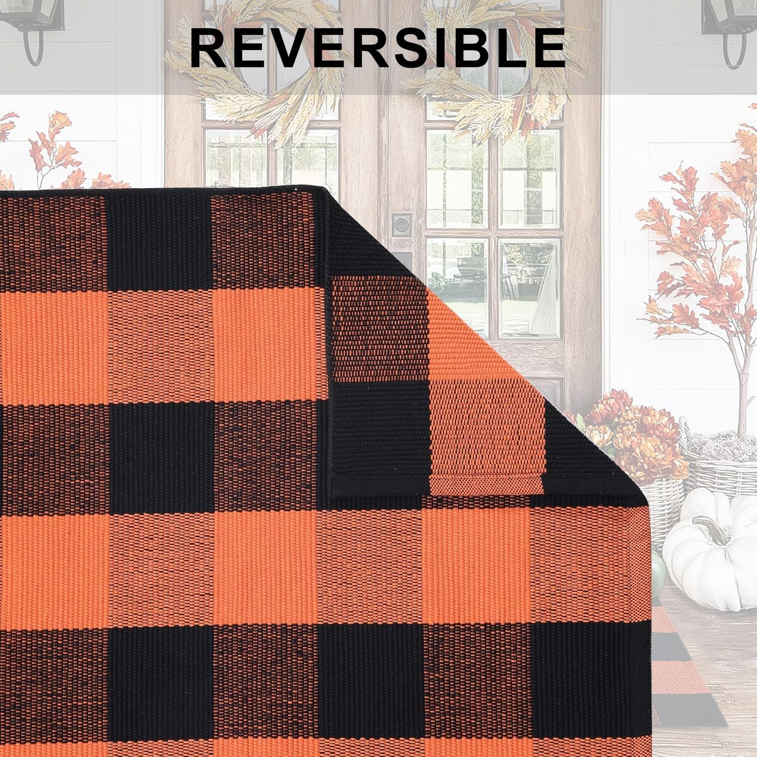 Orange and Black Plaid Rug, 3' X 5' Fall Outdoor Front Door Decor Mat, Cotton Washable Hand-Woven Rug for Layered Doormat, Autumn Halloween Thanksgiving Carpet for Porch, Entryway