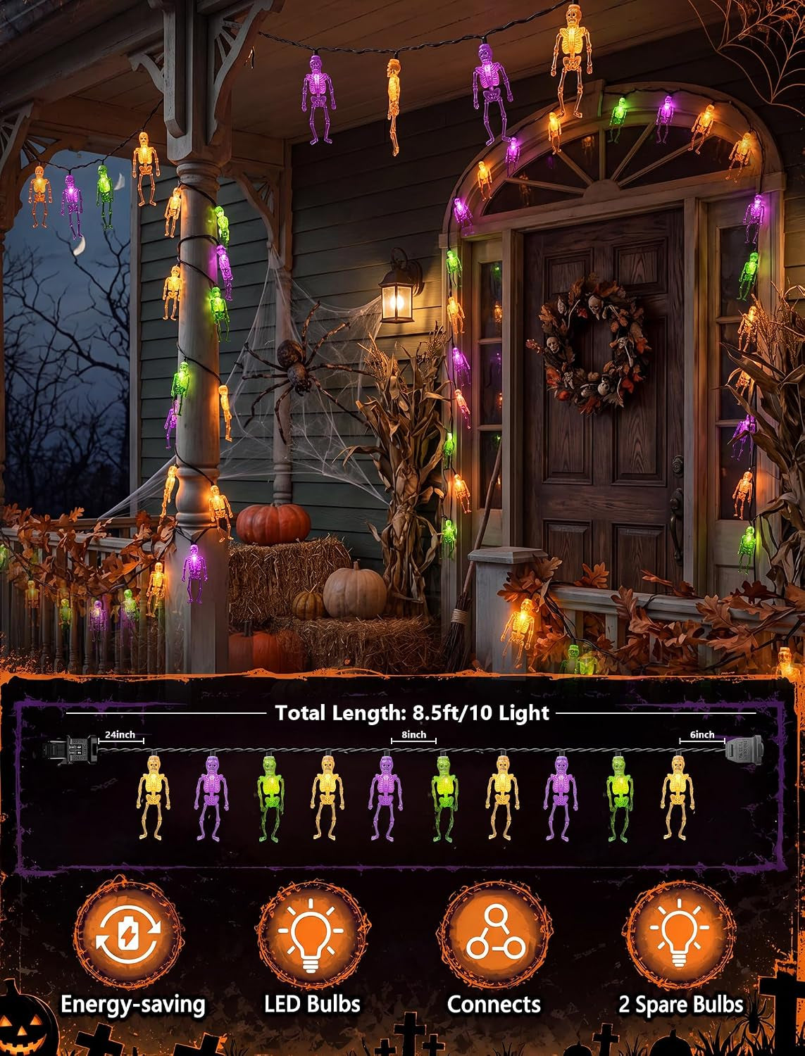8.5FT 10 LED Outdoor Halloween Skeleton String Lights Plug In, Waterproof | Connectable, Hanging Multicolor Halloween Skull Lights UL Listed for Indoor Backyard, Patio, Porch, Party Decor, Black Wire