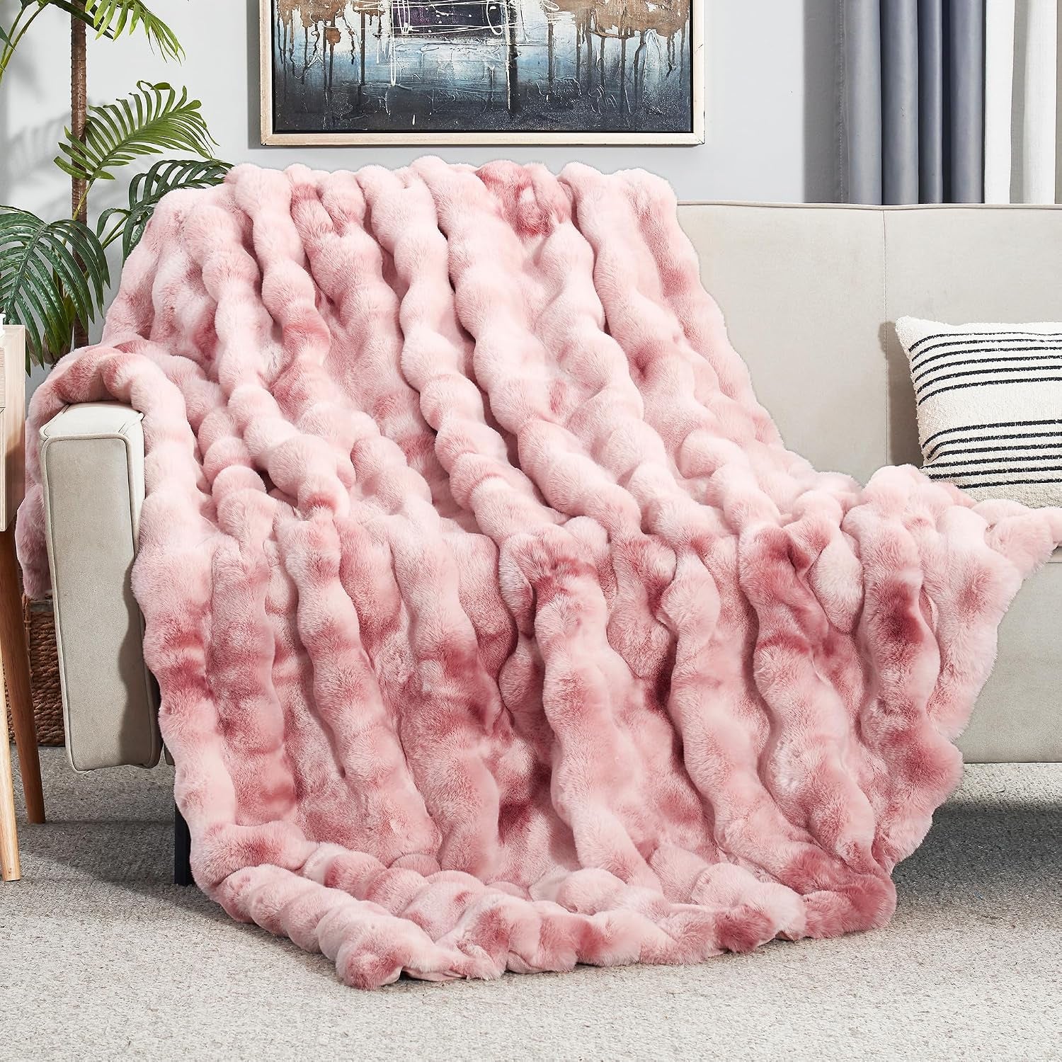 Solid Fall Bubble Faux Rabbit Fur Throw Blanket for Couch 50" X 60", Decorative Comfy Puffy Warm Fuzzy Blanket for Winter, Extra Thick Shaggy Cozy Comfy Fluffy Blankets for Adult Kids, Orange