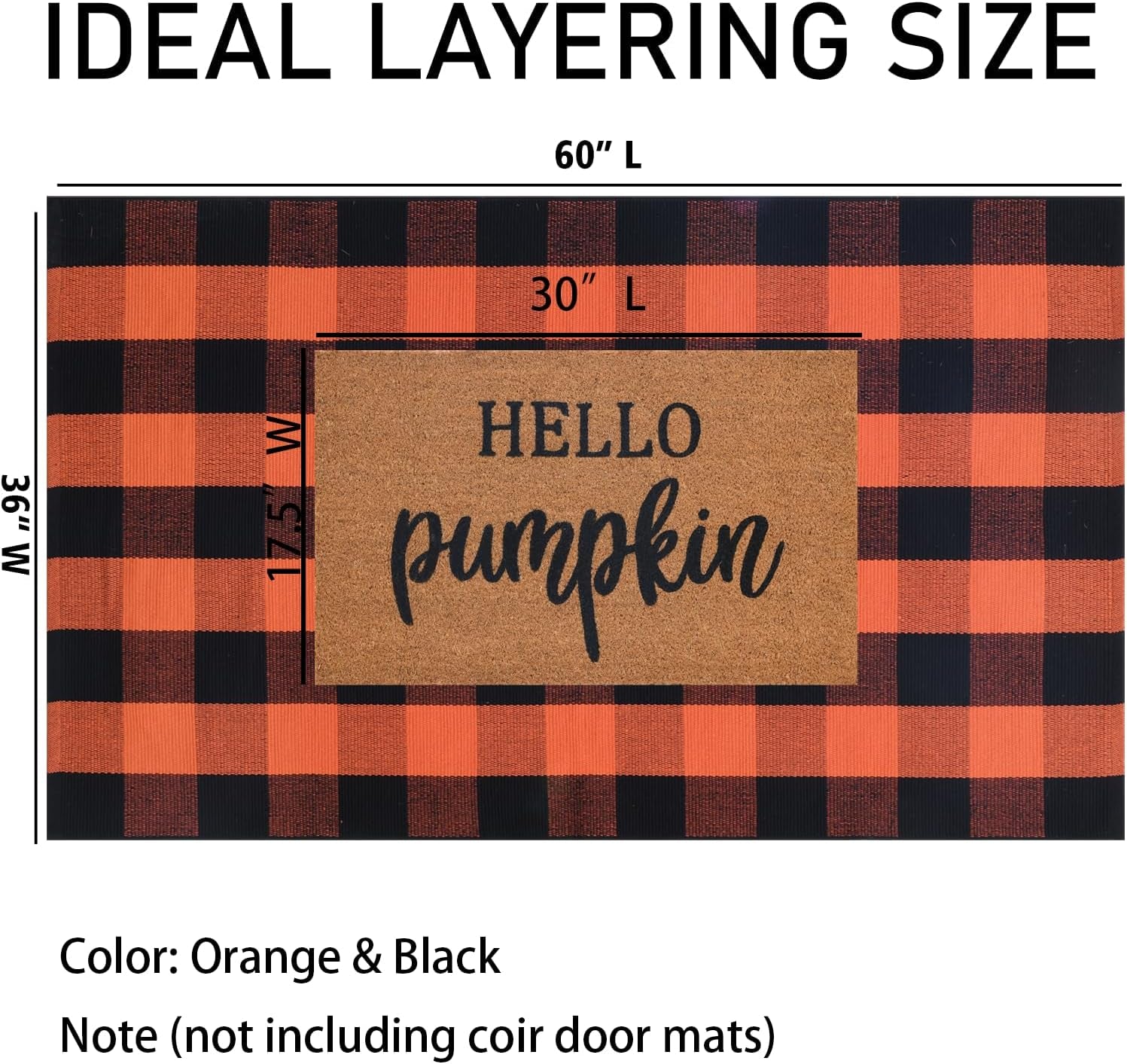 Orange and Black Plaid Rug, 3' X 5' Fall Outdoor Front Door Decor Mat, Cotton Washable Hand-Woven Rug for Layered Doormat, Autumn Halloween Thanksgiving Carpet for Porch, Entryway