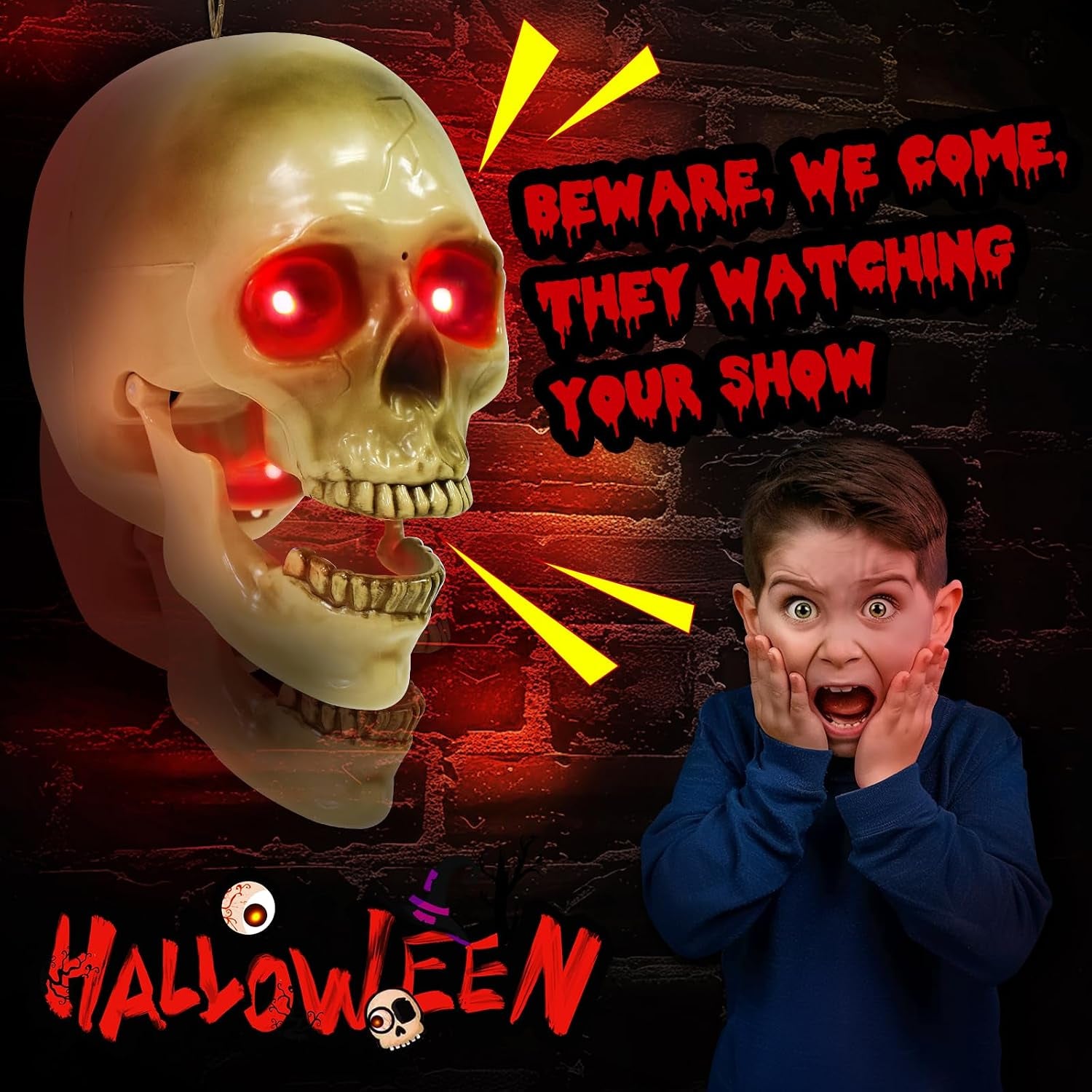 Halloween Animatronic Talking Hanging Skull Head Decorations Outdoor | Sound/Light Sensor Activated, Red Glowing Eyes, Shaking Jaw, Spooky Sounds, Wall Mounted, Indoor/Home, Haunted House/Party