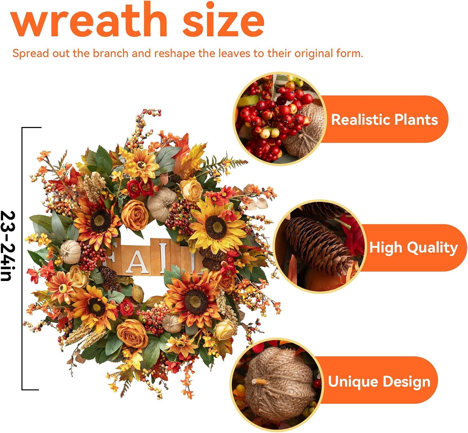 24 Inch Fall Wreaths for Front Door Autumn Wreath with Fall Sign | Fall Door Wreath with Sunflowers, Roses, Burlap Pumpkins, Pinecones, Fall Wreath for Outdoor Wreaths for Front Door