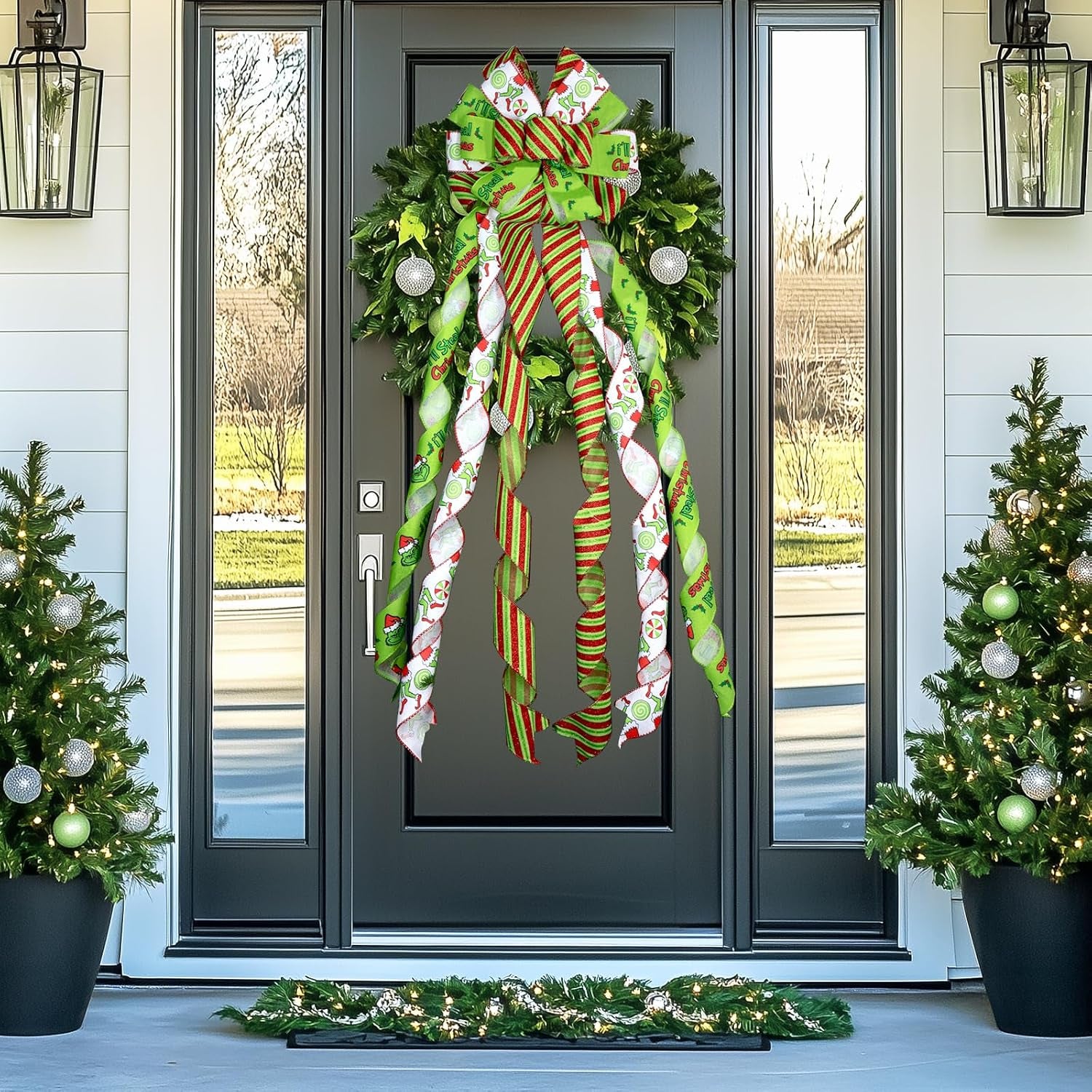 Large Christmas Tree Topper Bow 52X13 Inch, Pre-Tied Wired Wreath Ribbon | Big Festive Xmas Bow Ornaments with Long Streamers for Holiday Indoor Outdoor Home Party Decoration (Green)