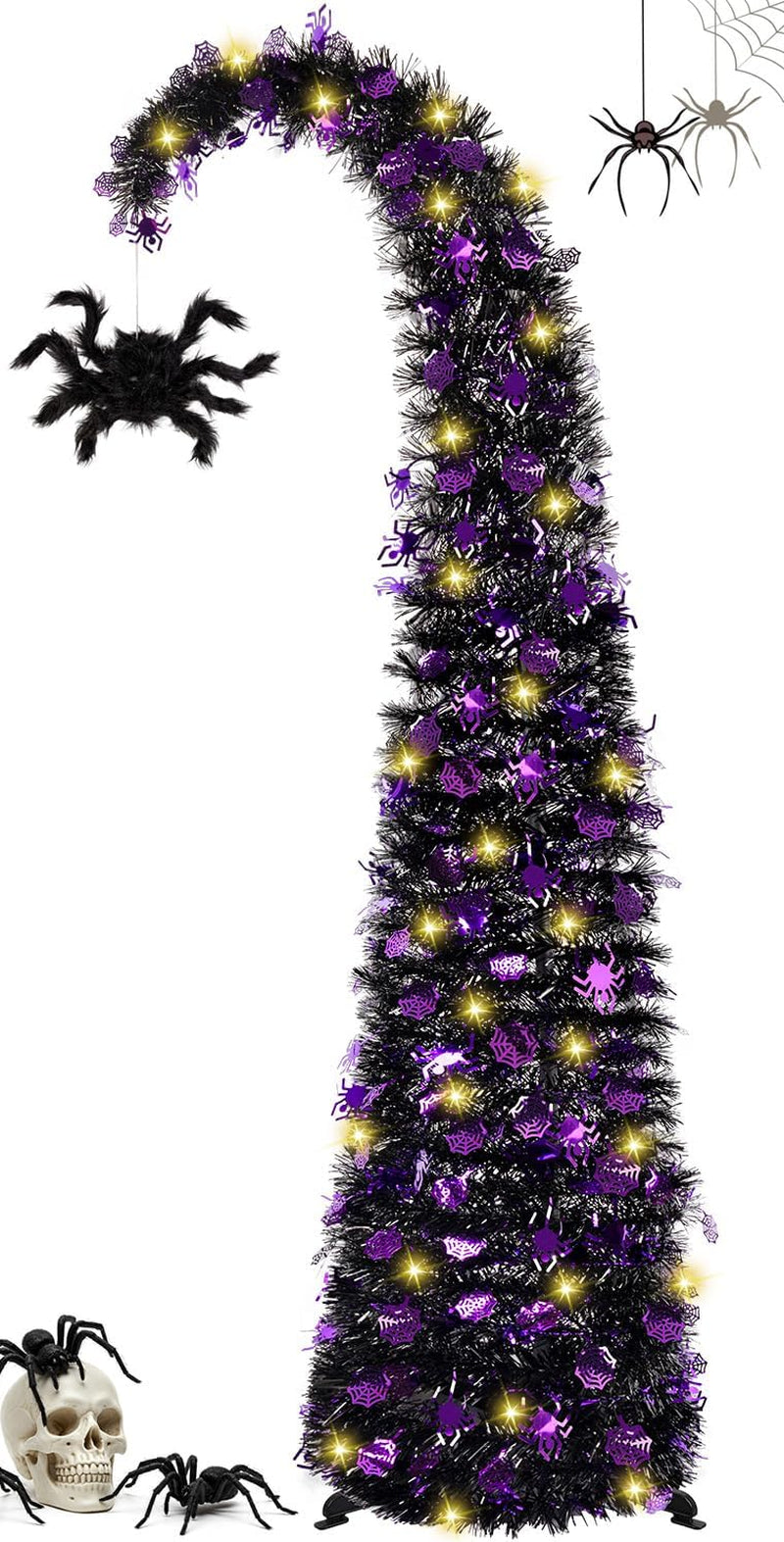5FT Black Halloween Pop up Christmas Tree with Eyeball String Lights | Whimsical Curved Tinsel Tree, 30 Warm White Eyeball Lights, 6H Timer, Foldable Design; Apartment, Porch, Party, XMAS Decor