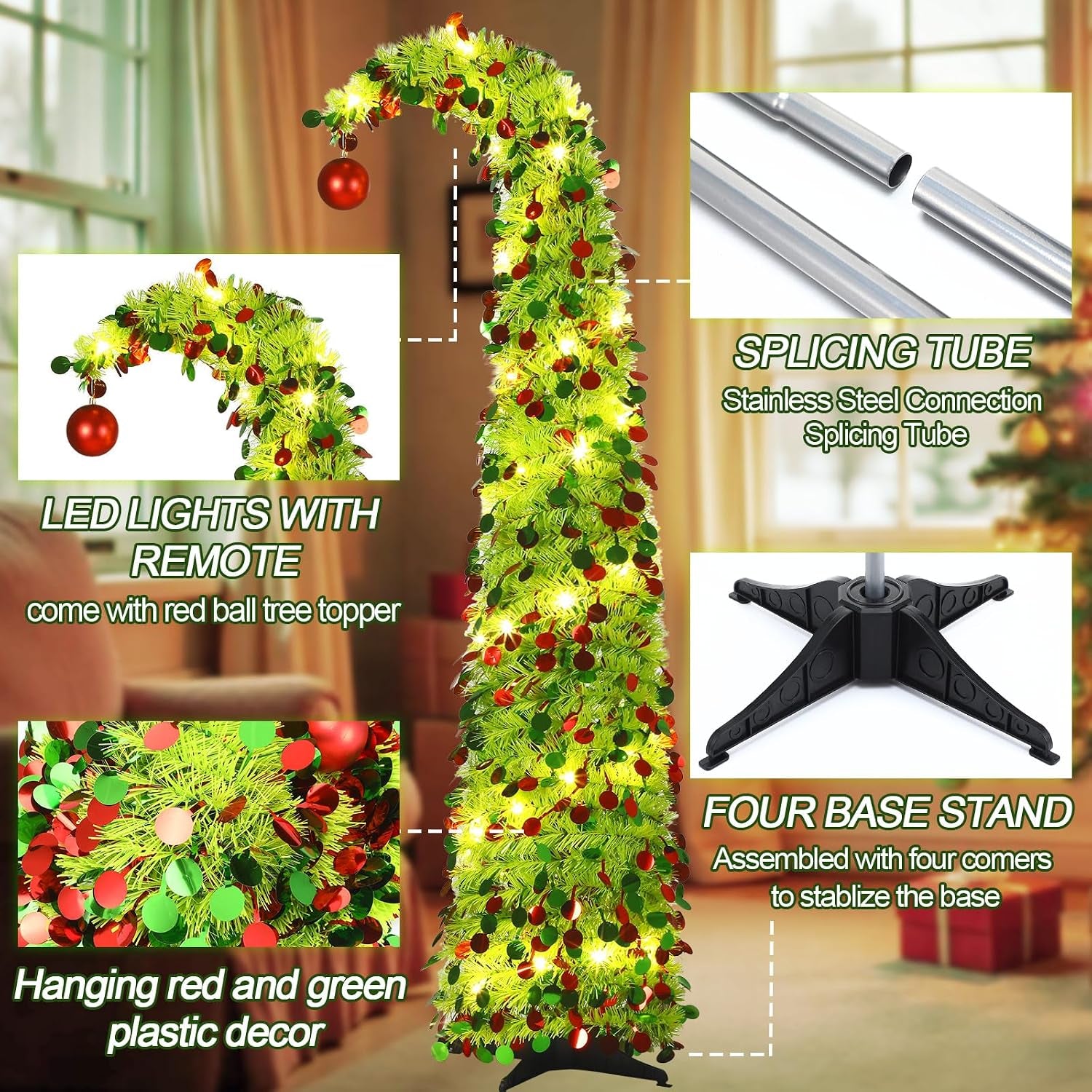 5 Ft Christmas Whimsical Pop up Curved Tree with 50 LED Light String Decorations Curved Plastic Tree Lime Green Purple Tinsel for Xmas Home, Apartment, Office(Green)