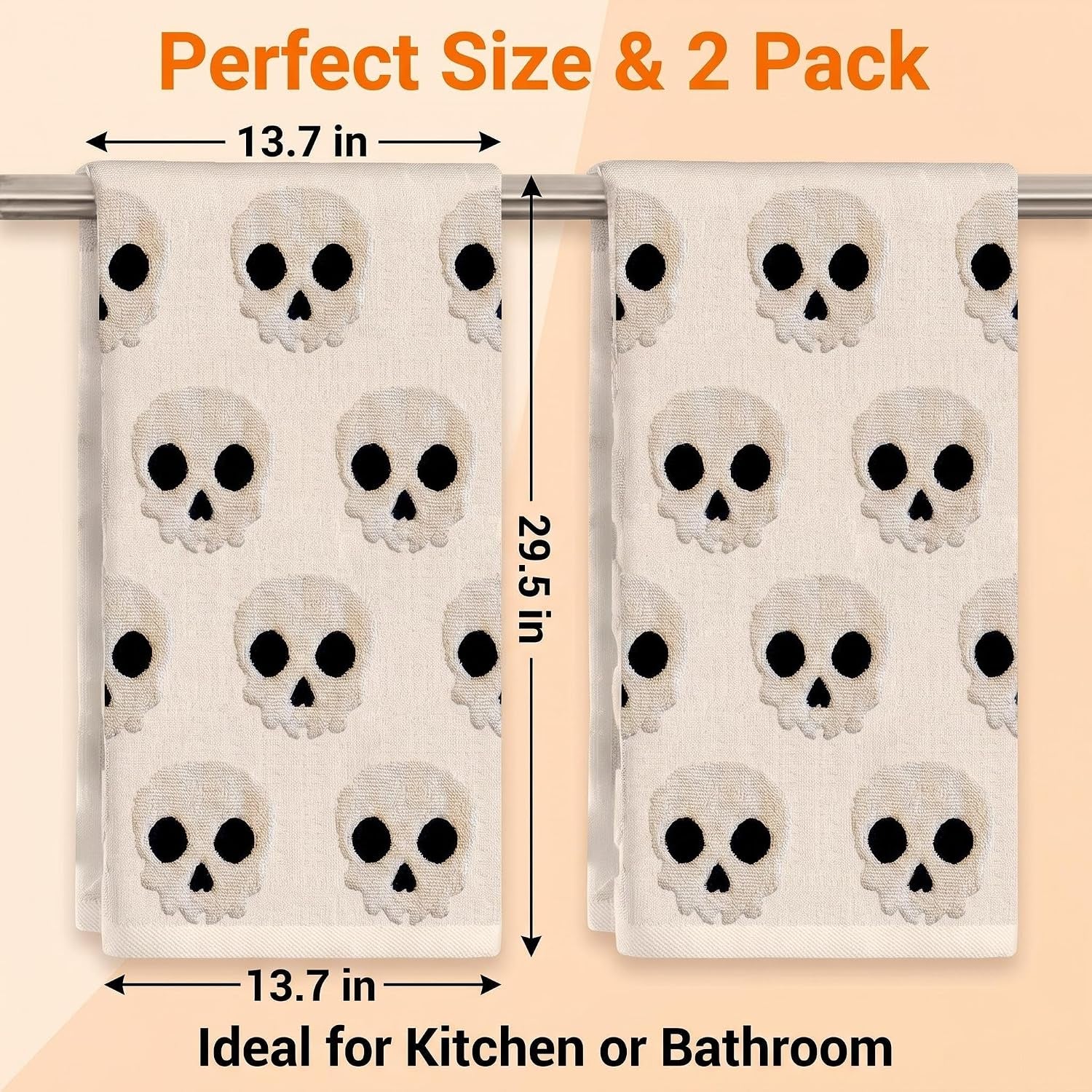 2 Pack Halloween Hand Towels 100% Cotton Jacquard Skeleton Halloween Kitchen Towels White Bathroom Towels Set Seasonal Bathroom Decor(Beige Skeleton, Halloween)