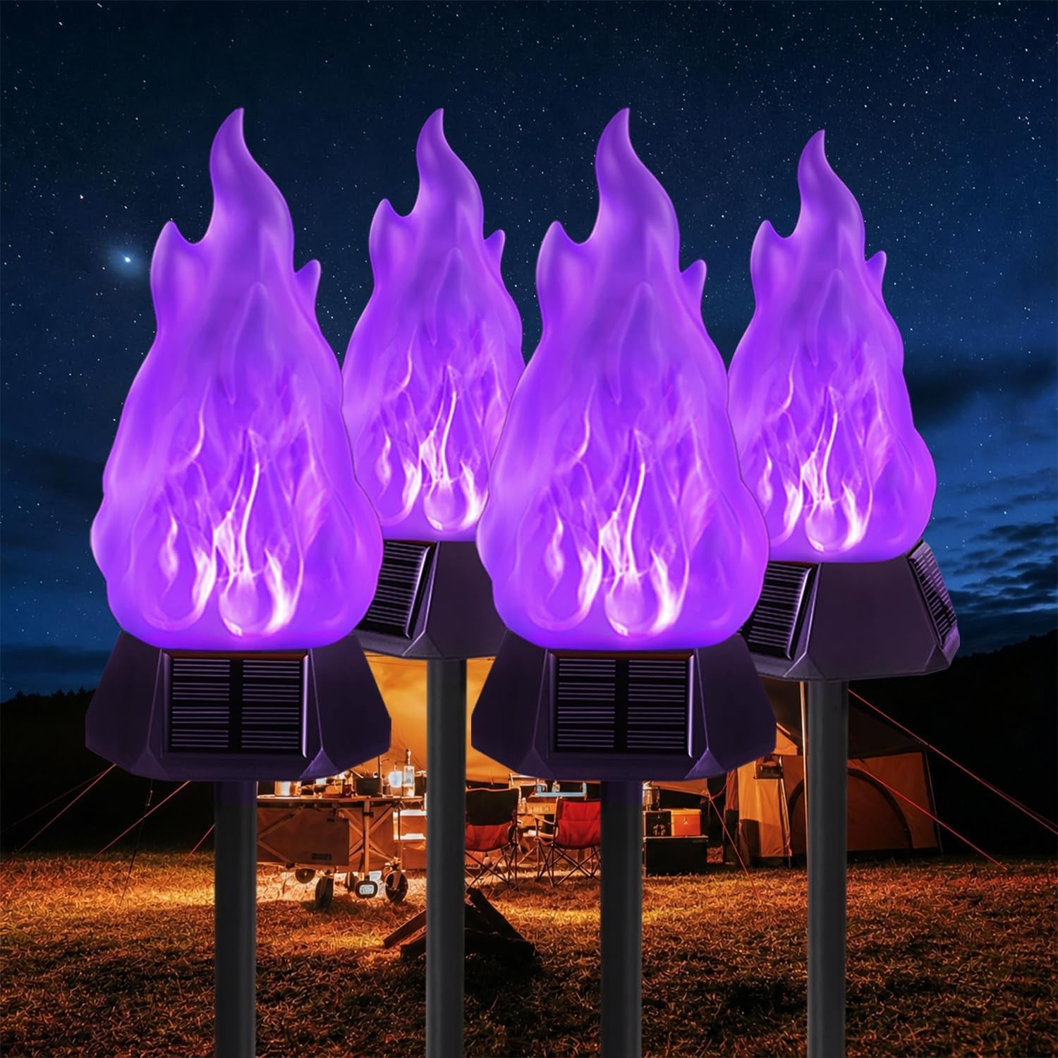 Solar Outdoor Torch Lights with Flickering Flame, 4 Pack Solar Pathway Decorative Lights, Waterproof LED Flame Torches for Outdoor Camping Garden Landscape Patio Path Yard Decorations - Purple
