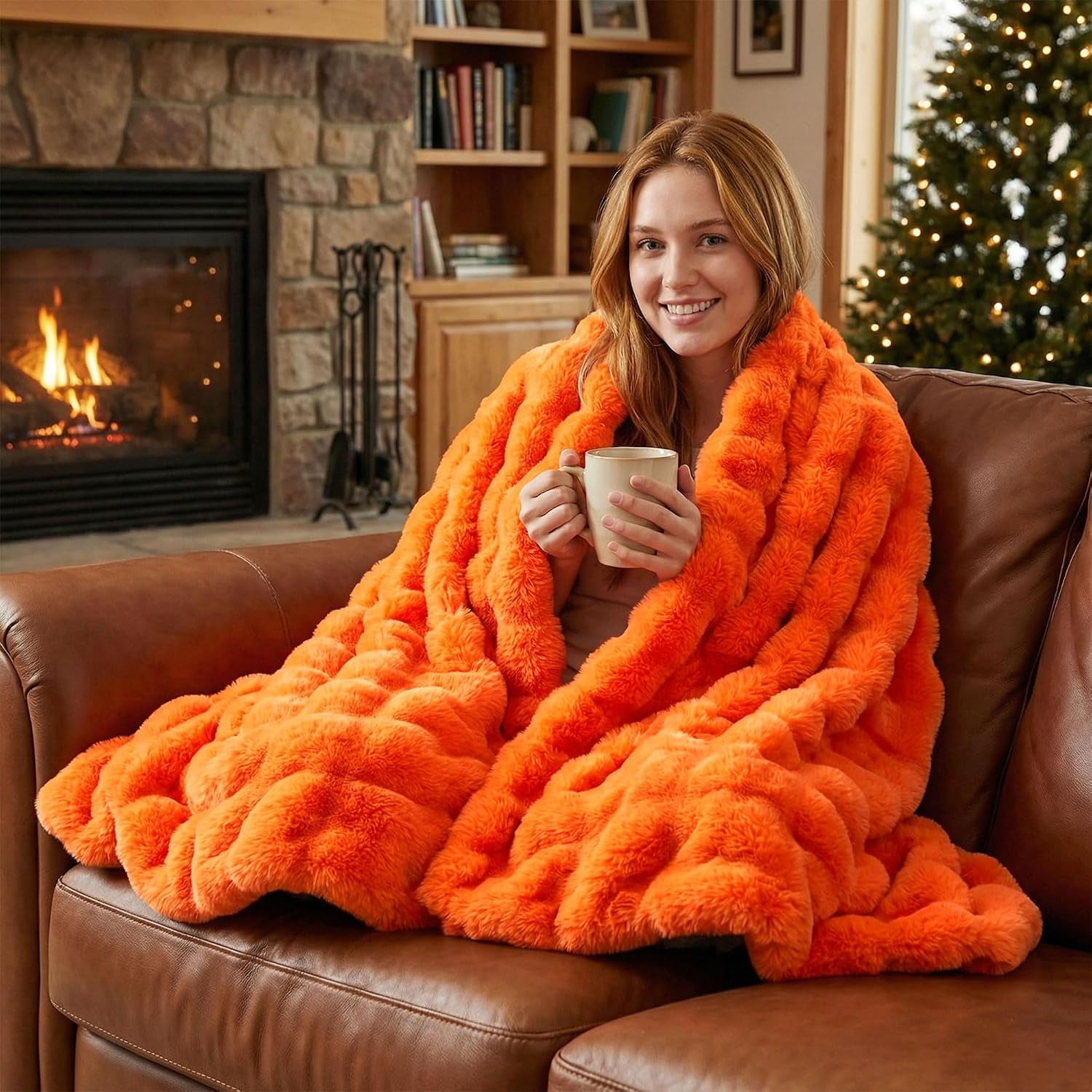 Solid Fall Bubble Faux Rabbit Fur Throw Blanket for Couch 50" X 60", Decorative Comfy Puffy Warm Fuzzy Blanket for Winter, Extra Thick Shaggy Cozy Comfy Fluffy Blankets for Adult Kids, Orange
