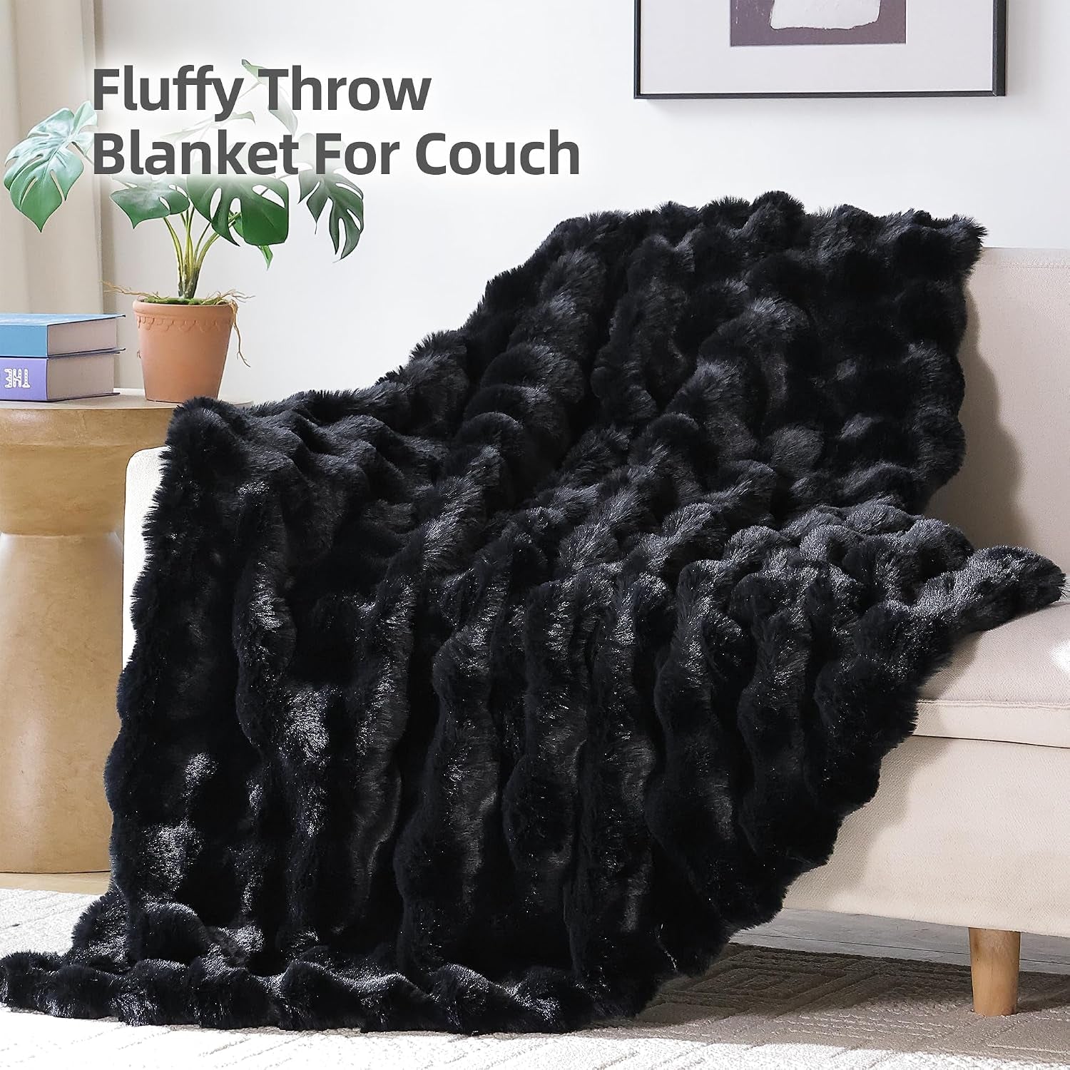 Faux Rabbit Fur Throw for Couch - Black Bubble Blanket 50"X60" | Fluffy Plush Fuzzy Throw for Sofa & Bed, Super Soft Cozy Comfrt Blanket, Luxury Aesthetic Black Decor Gift for Women