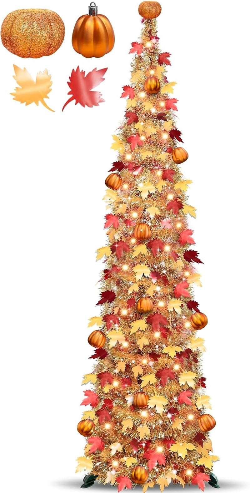 5 FT Fall Tree Fall Decor, Tinsel Maples Tree with 50 Warm White Lights | Orange Pumpkins Battery Operated Lighted Halloween Tree Fall Decorations for Home Harvest Thanksgiving Party Indoor
