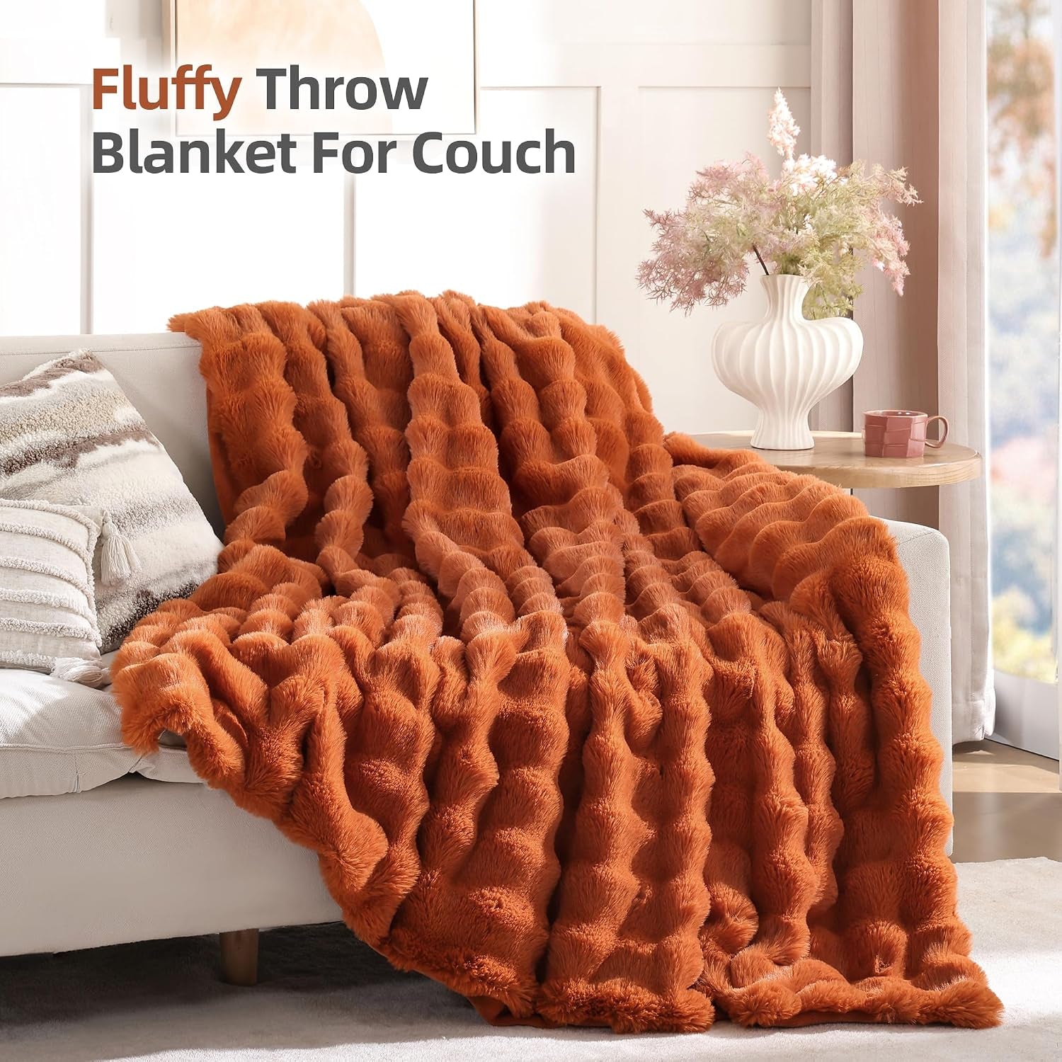 Faux Fur Fall Throw for Couch - Burnt Orange Bubble Blanket 50"X60" | Fluffy Plush Fuzzy Throw for Sofa & Bed, Super Soft Cozy Comfrt Blanket, Luxury Aesthetic Burnt Orange Decor Gift for Women